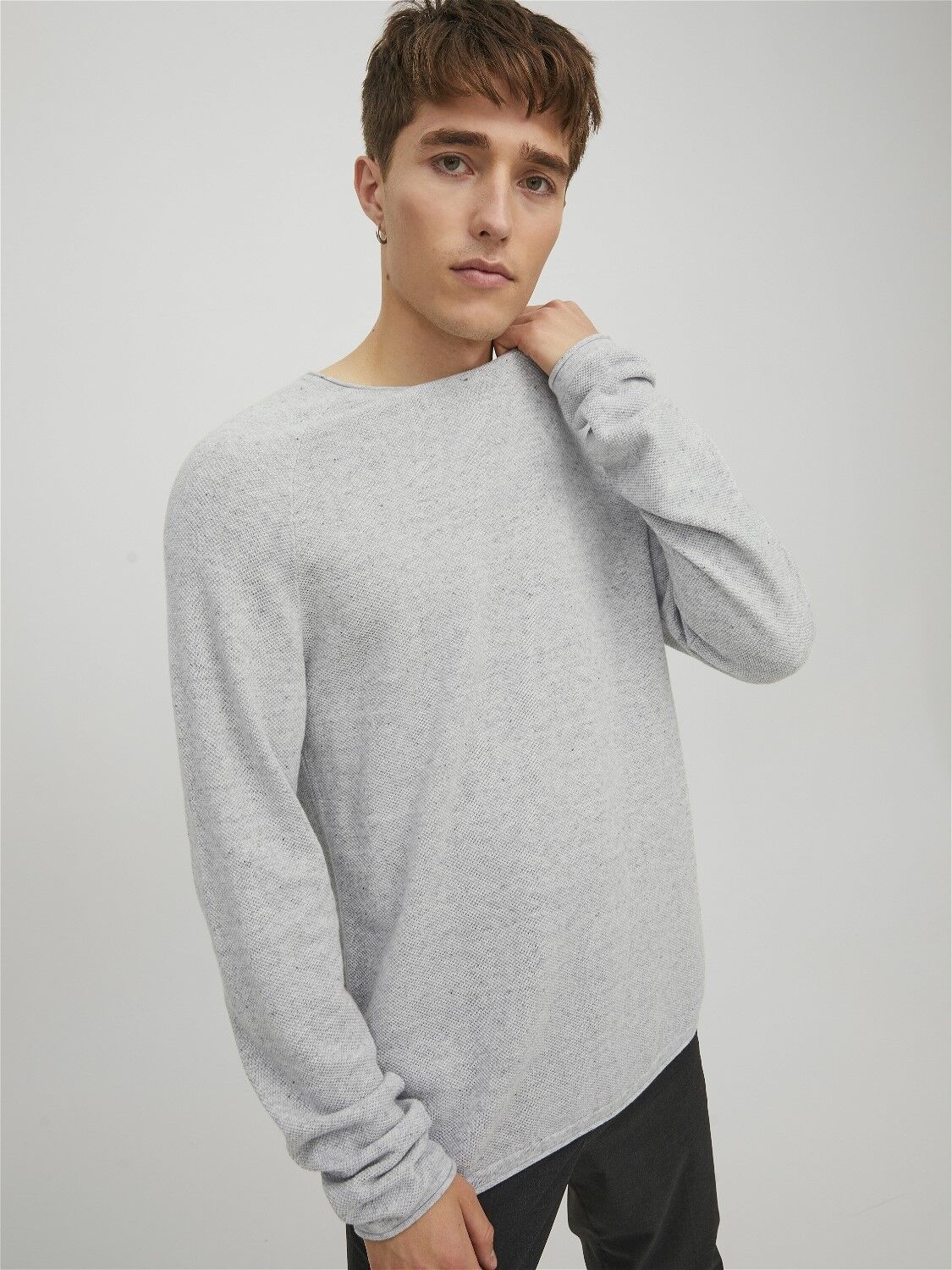 JACK & JONES Hill knit crew neck slim fit, heren pullover katoen met O-hals, lichtgrijs melange