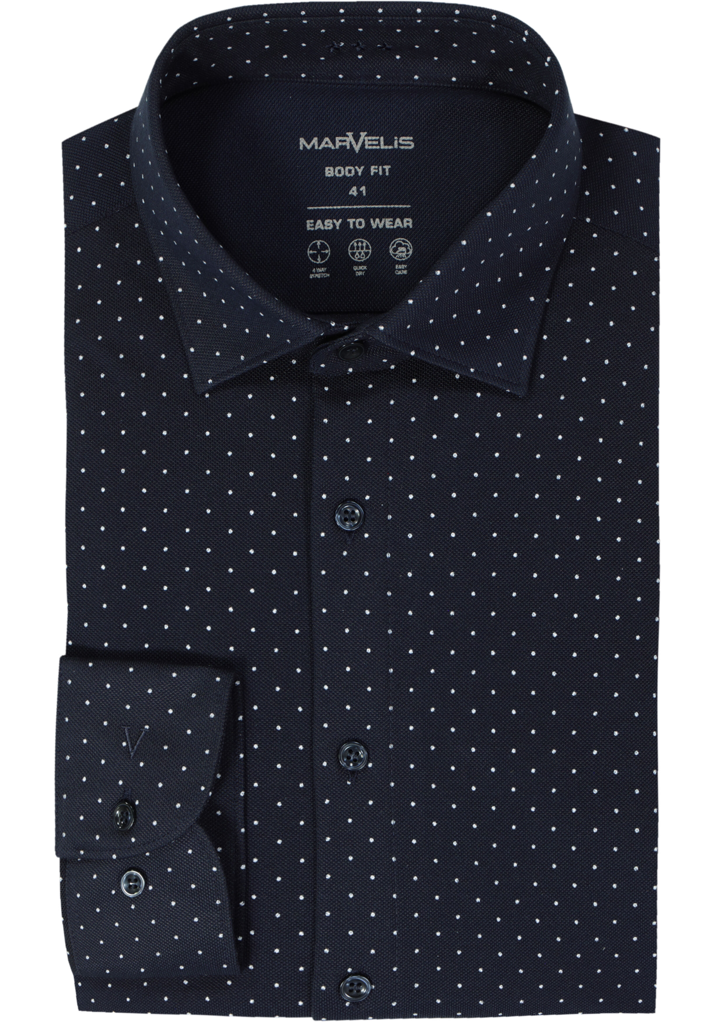 MARVELIS jersey body fit overhemd, donkerblauw met wit gestipt tricot