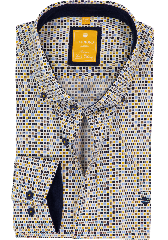Redmond modern fit overhemd, popeline, wit met blauw, geel en bruin dessin Redmond modern fit overhemd, popeline, wit met blauw, geel en bruin dessin