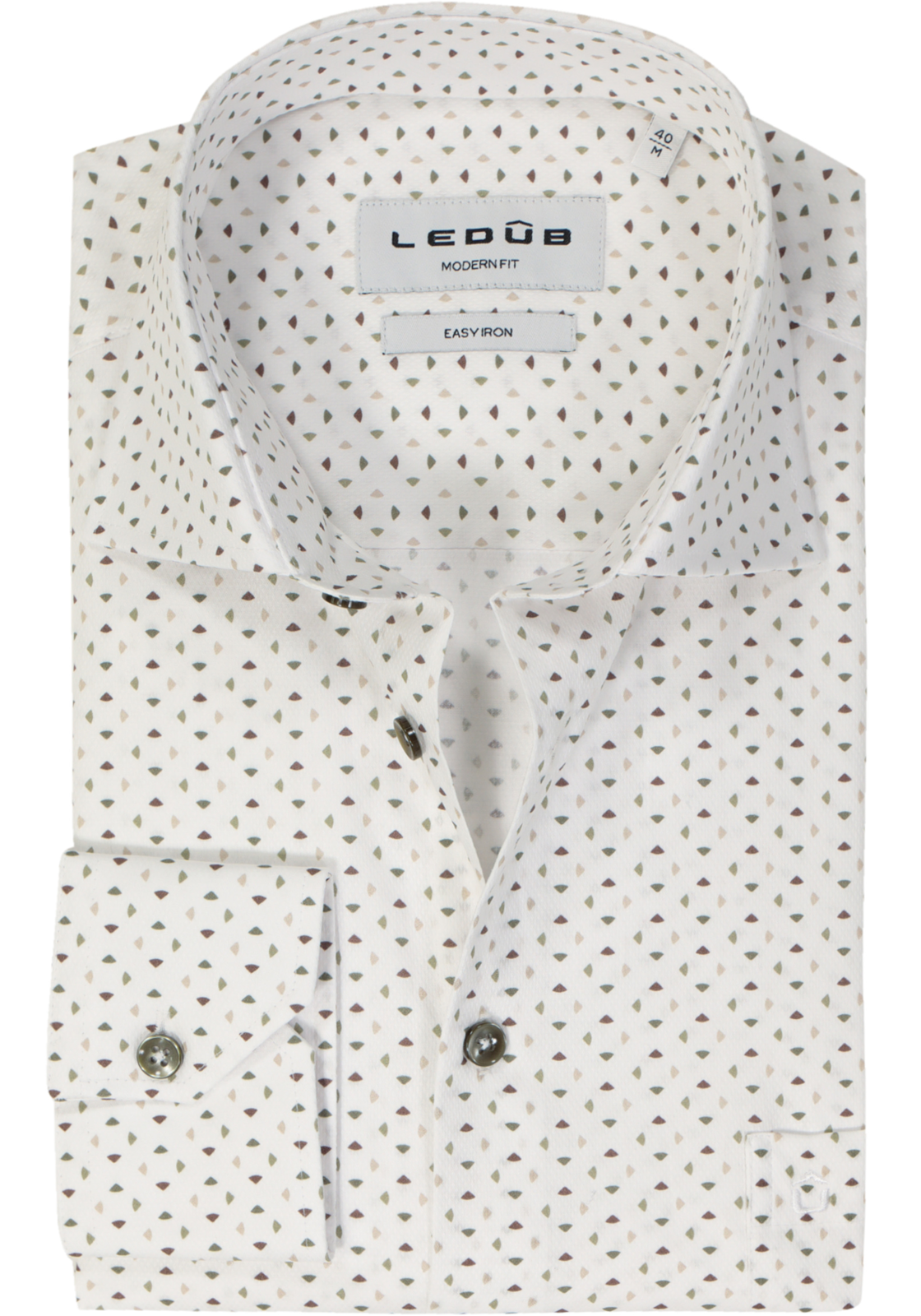 Ledub modern fit overhemd, popeline, wit met groen dessin Ledub modern fit overhemd, popeline, wit met groen dessin