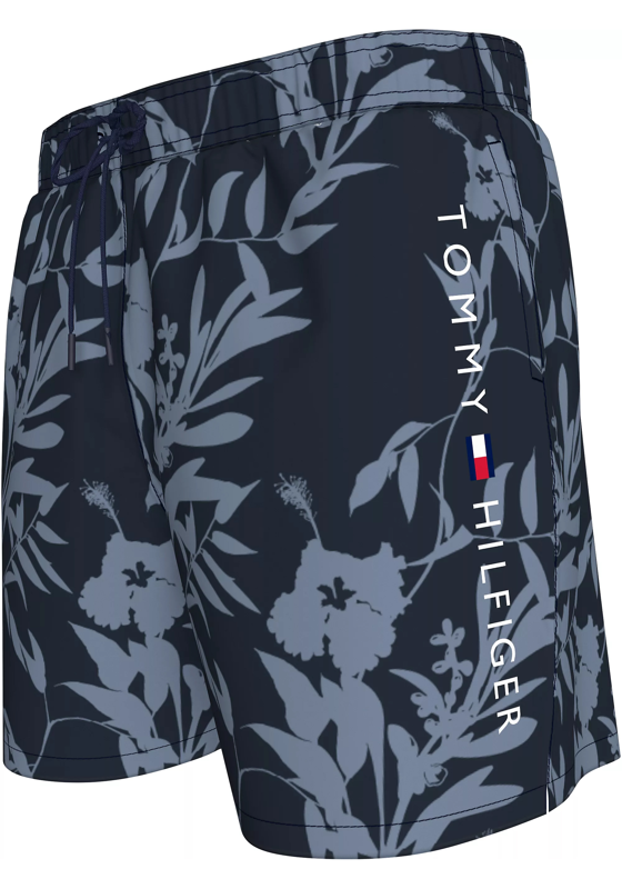 Tommy Hilfiger Medium Drawstring swimshort, heren zwembroek, donkerblauw met lichtblauwe bloemen print Tommy Hilfiger Medium Drawstring swimshort, heren zwembroek, donkerblauw met lichtblauwe bloemen print