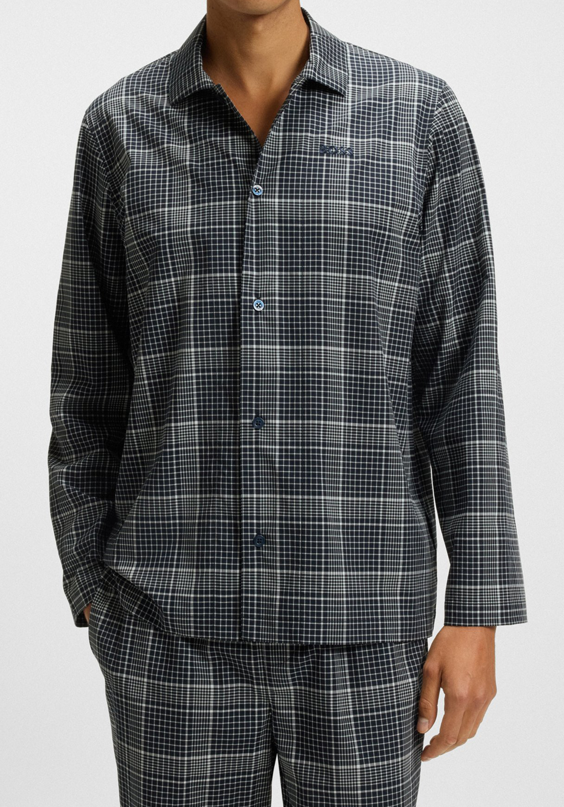 BOSS Chris Pattern Pyjama, heren pyjama set met knoopjes, donkerblauw BOSS Chris Pattern Pyjama, heren pyjama set met knoopjes, donkerblauw