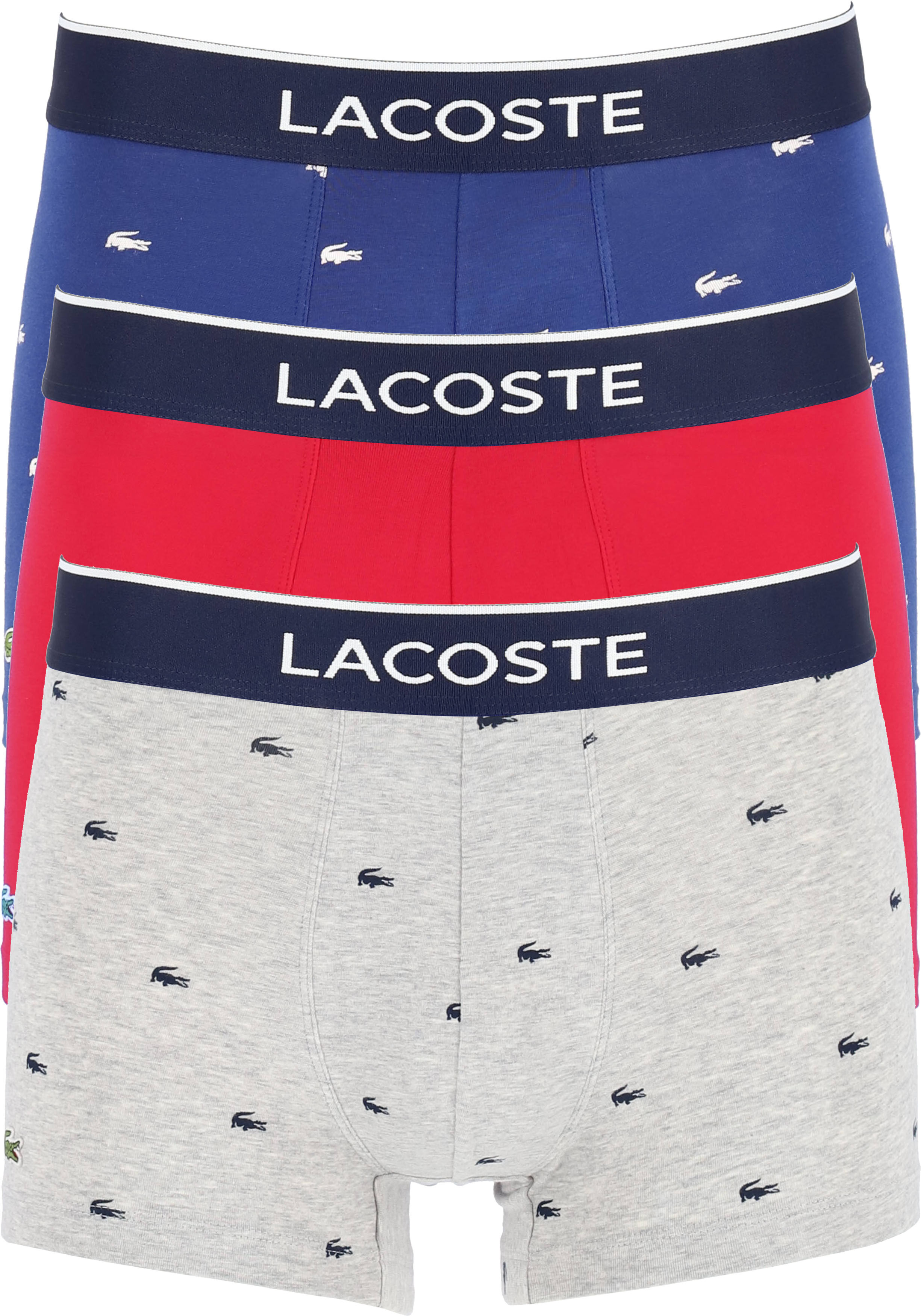 Lacoste Boxer Trunks (3-pack), heren boxers kort, grijs en blauw met logo en uni rood