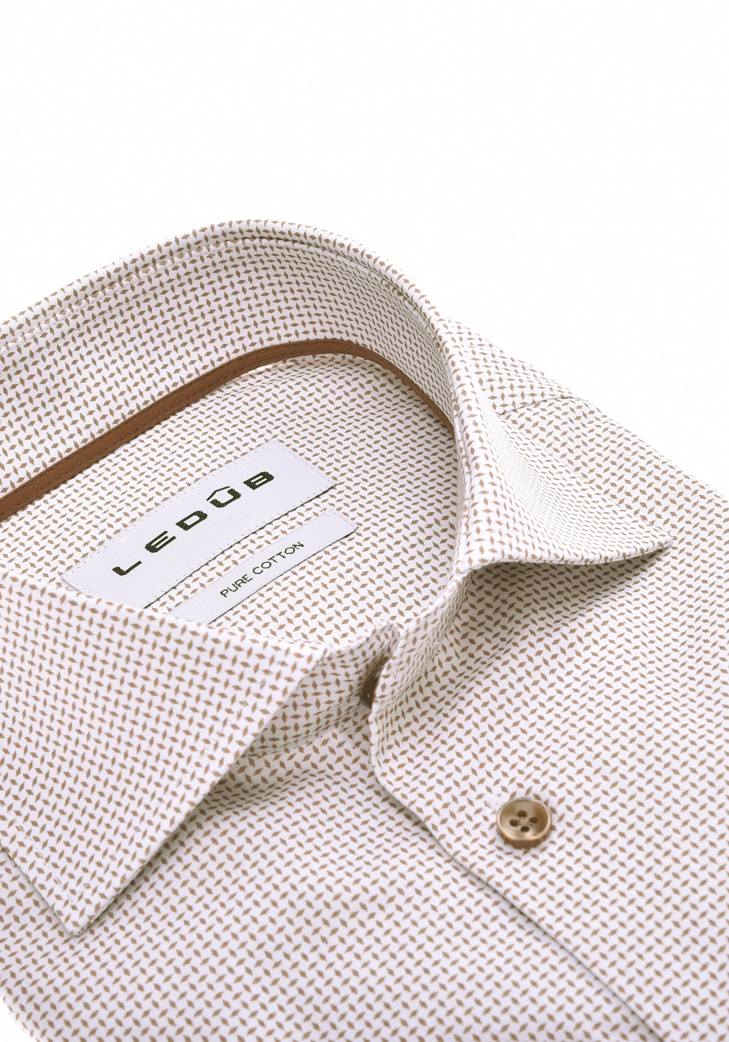Ledub modern fit overhemd, popeline, wit met bruin mini dessin