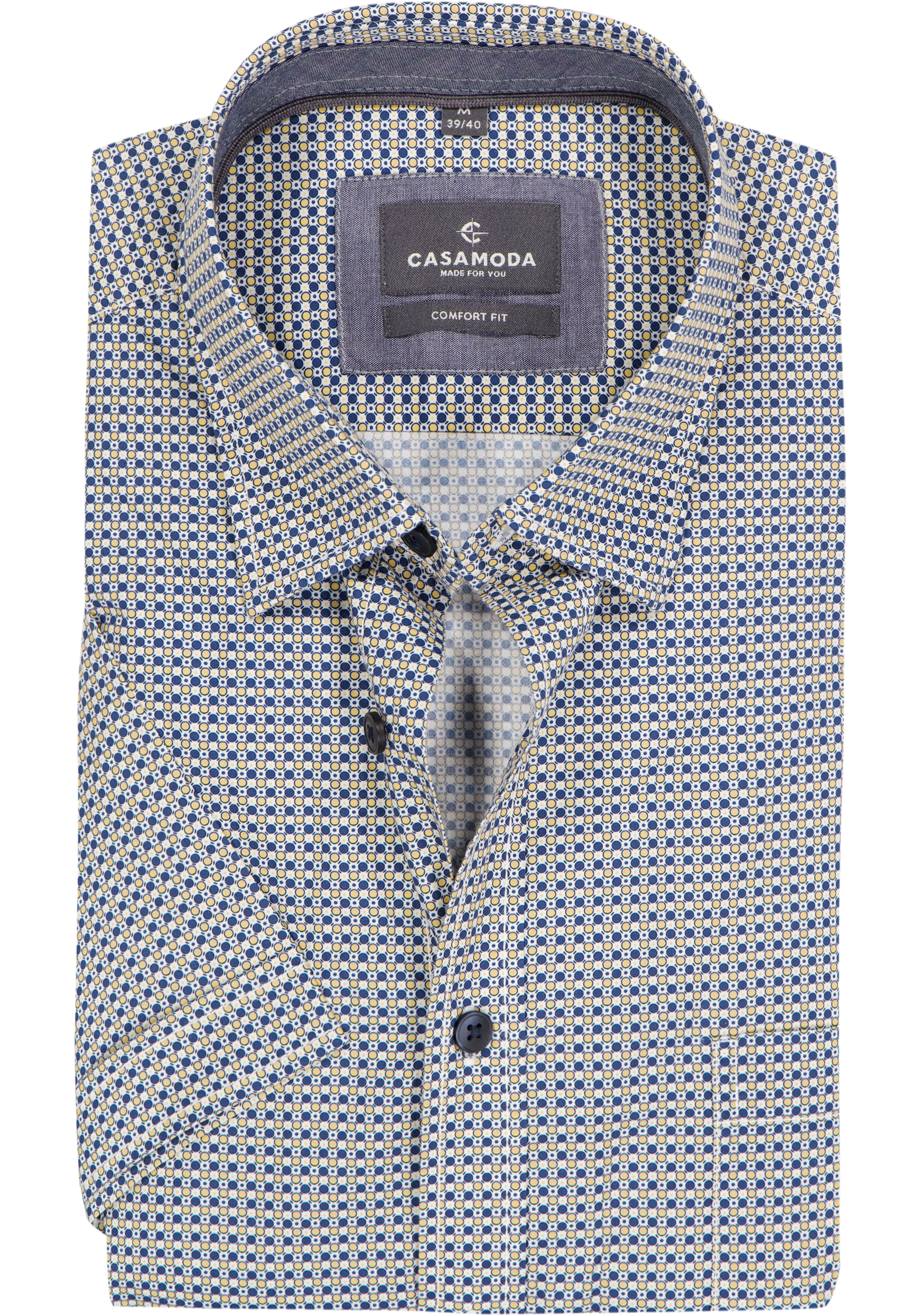 CASAMODA Sport comfort fit overhemd, korte mouw, popeline, wit met blauw en geel dessin