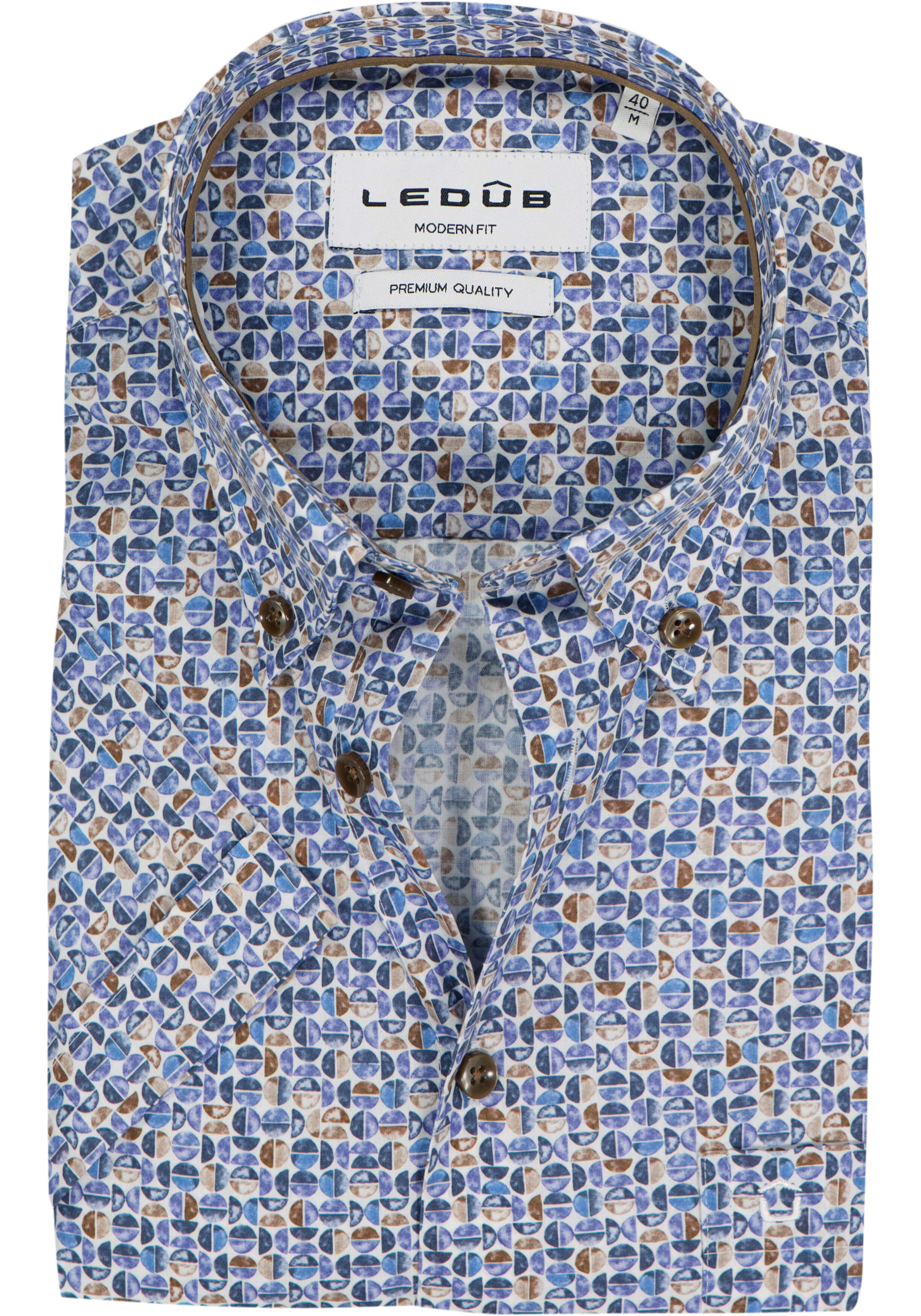 Ledub modern fit overhemd, korte mouw, popeline, blauw met wit en bruin dessin