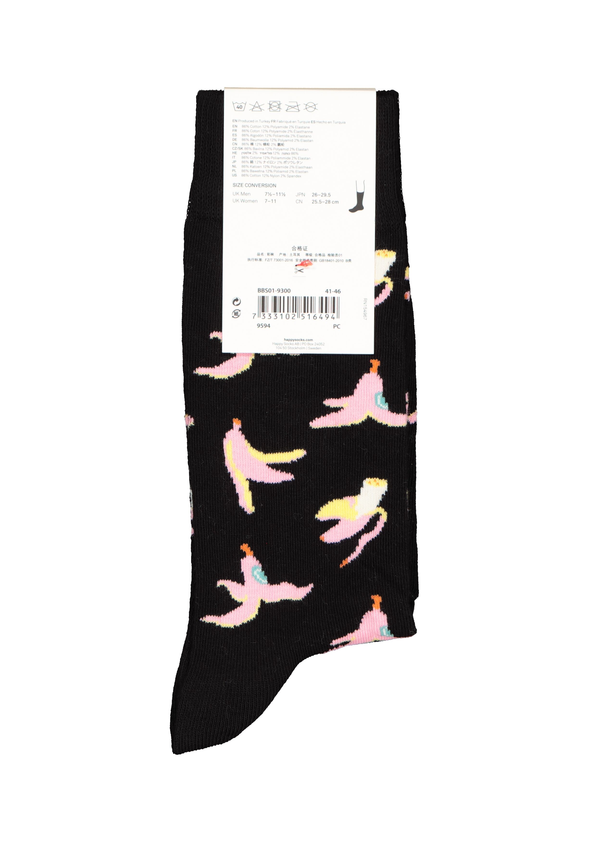 Happy Socks Banana Break Sock, zwart met roze bananenschillen