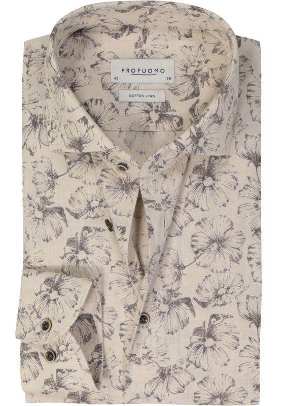 Profuomo slim fit heren overhemd, popeline, beige dessin Profuomo slim fit heren overhemd, popeline, beige dessin