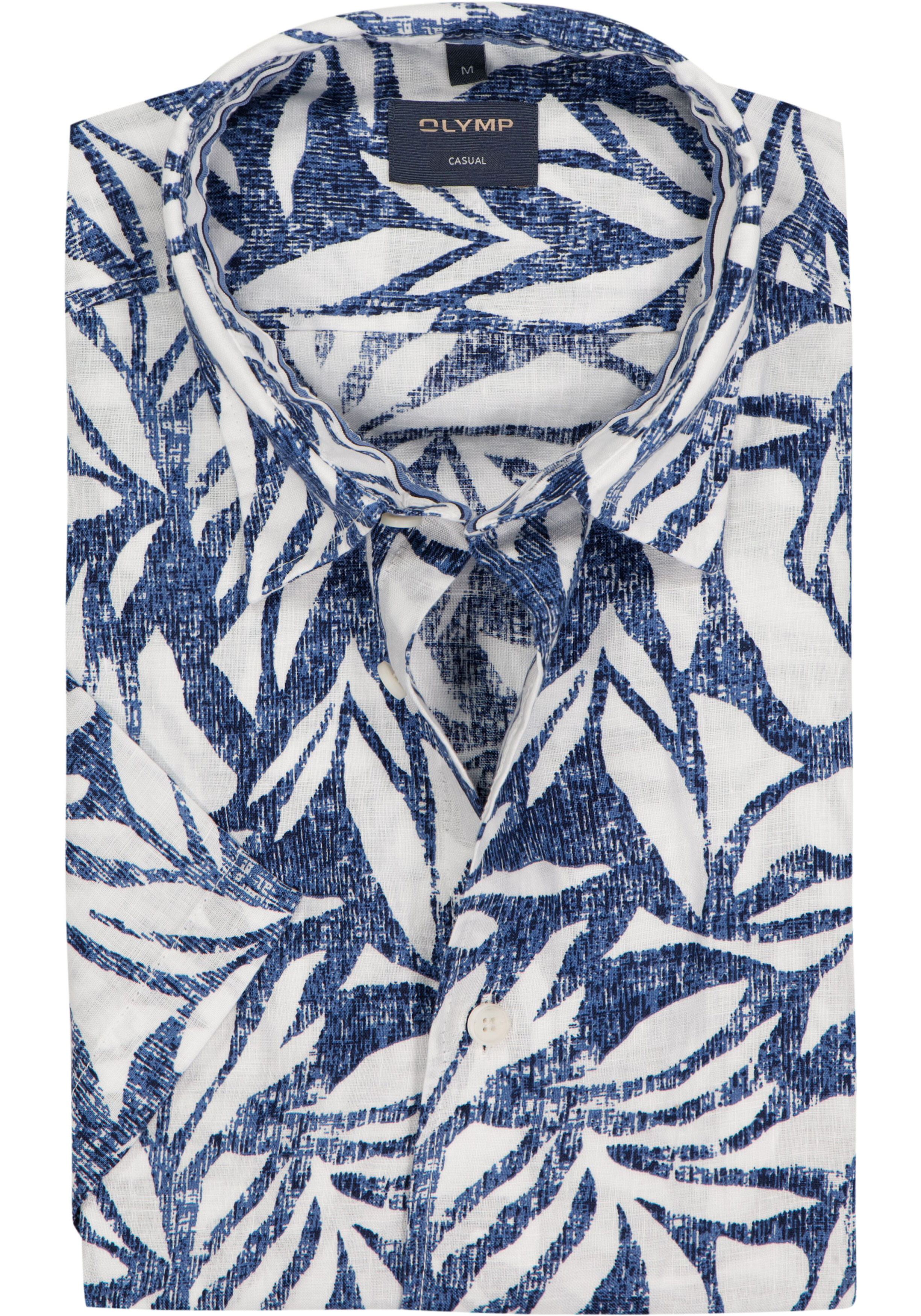 OLYMP Casual regular fit overhemd, korte mouw, structuur, offwhite met blauw dessin