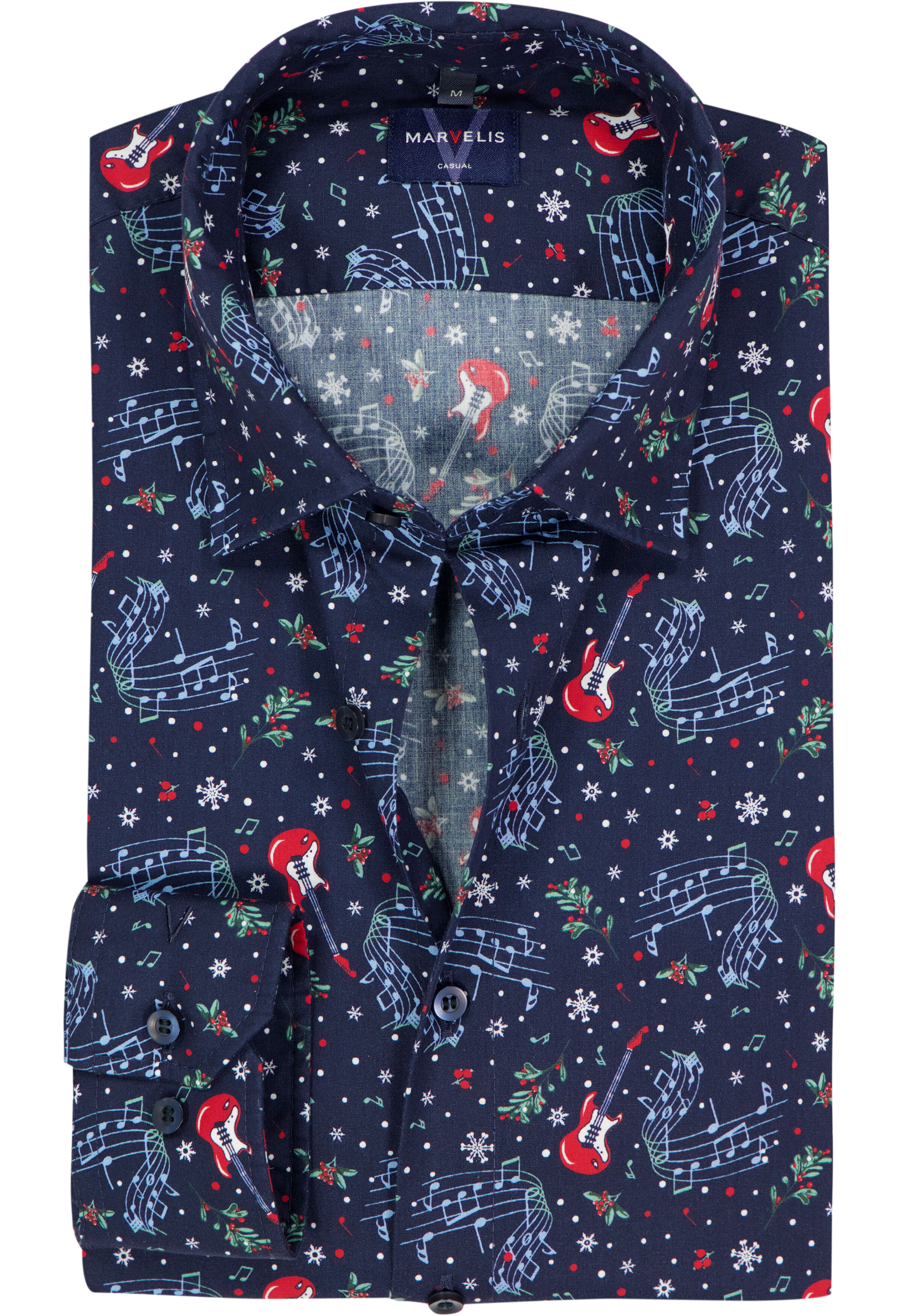 MARVELIS Casual modern fit Kerst overhemd, popeline, donkerblauw Kerst dessin