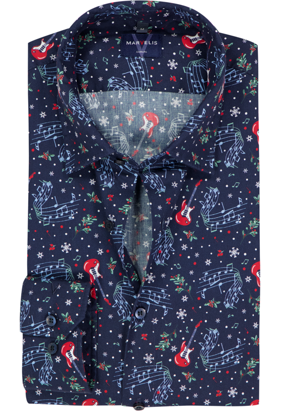 MARVELIS Casual modern fit Kerst overhemd, popeline, donkerblauw Kerst dessin MARVELIS Casual modern fit Kerst overhemd, popeline, donkerblauw Kerst dessin