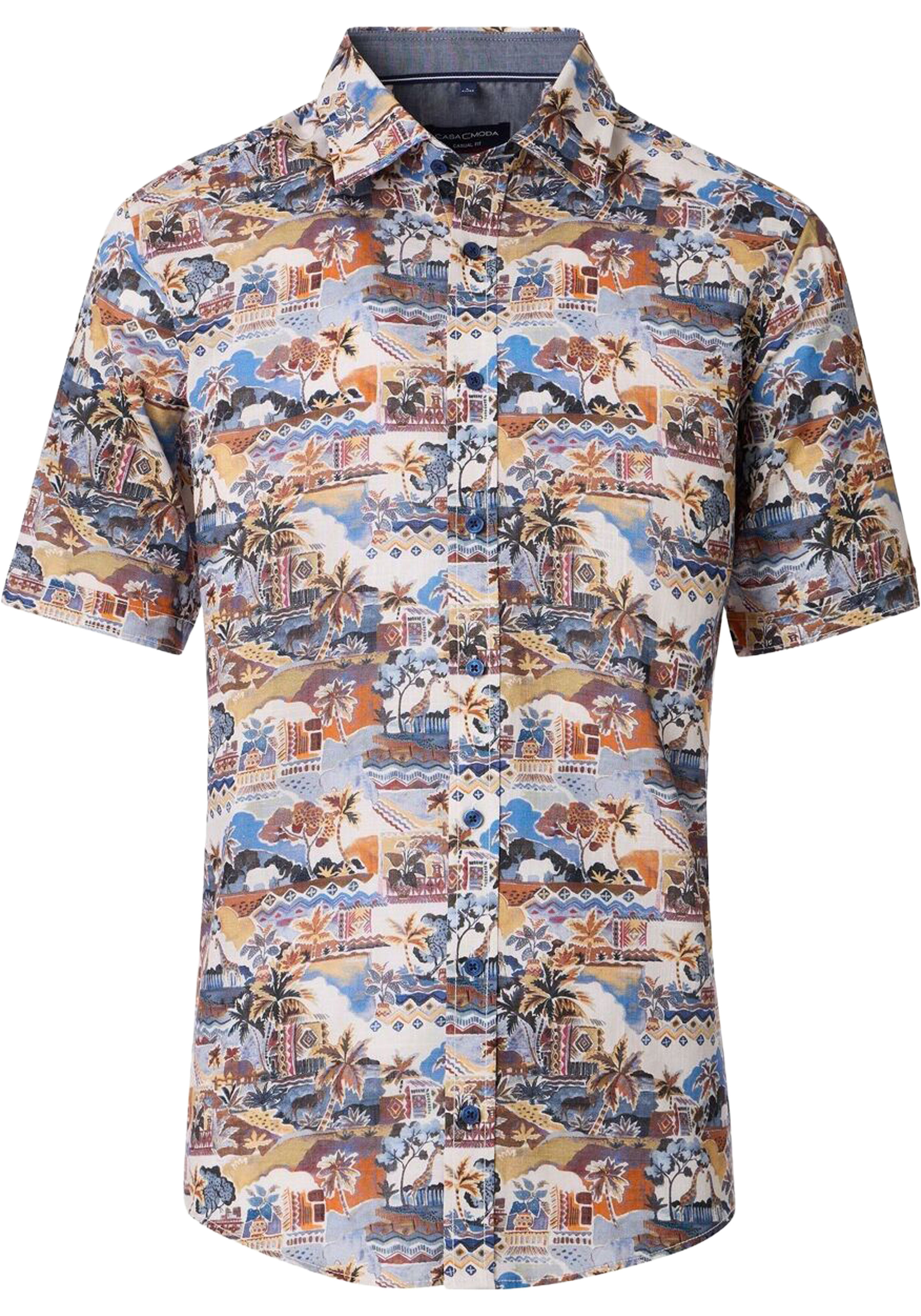 CASA MODA Sport casual fit overhemd, korte mouw, chambray, wit met blauw, beige en oranje dessin