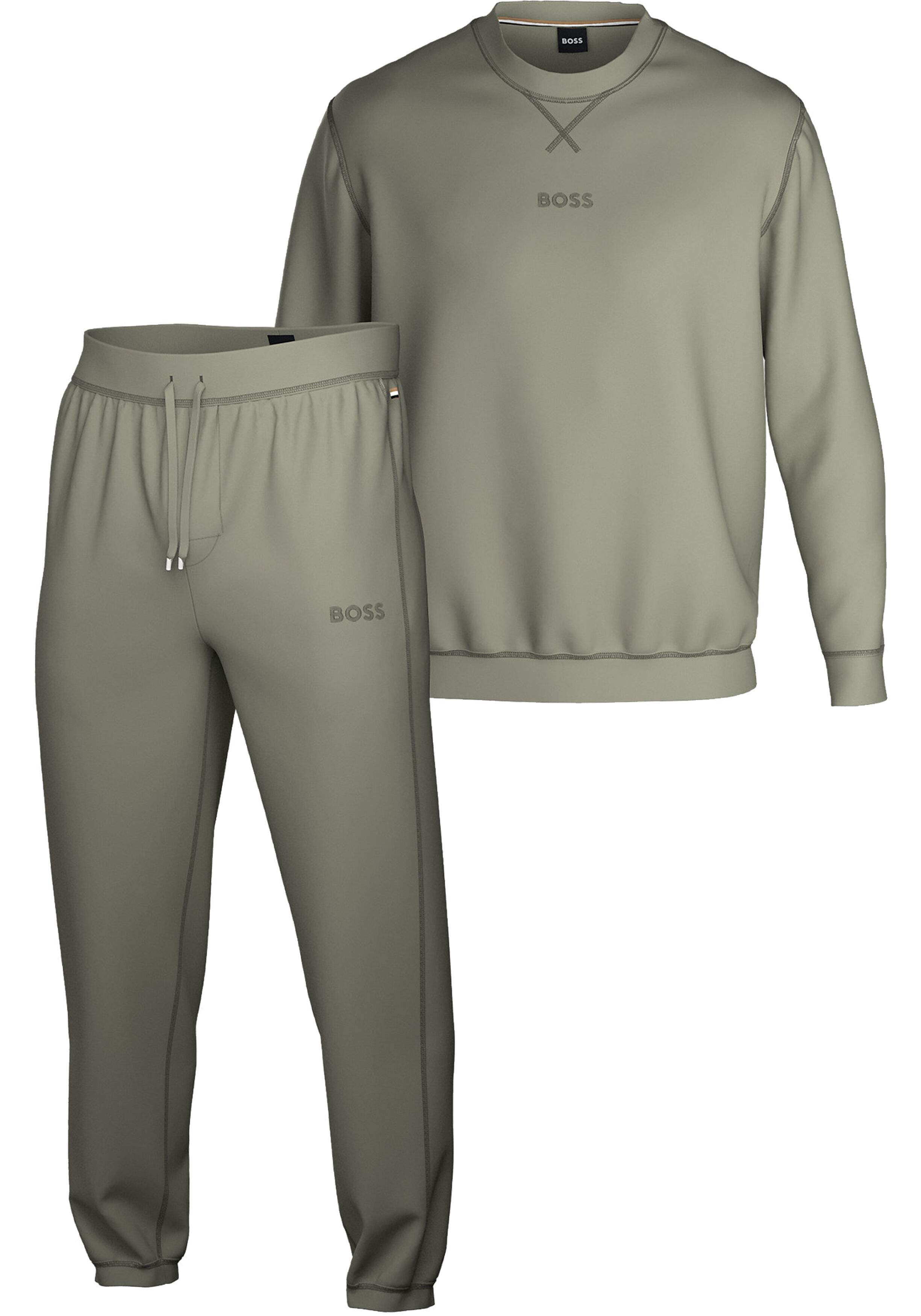 BOSS Contemporary Long Set, heren pyjama set velours, licht olijfgroen