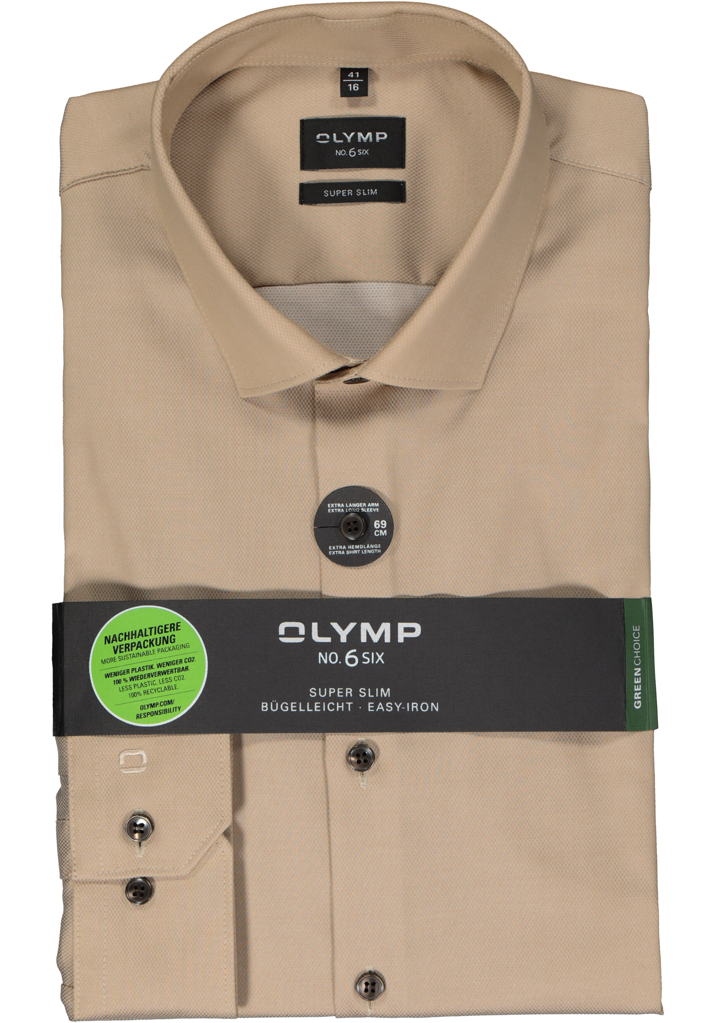 OLYMP No. 6 Six super slim fit overhemd, mouwlengte 7, structuur, beige