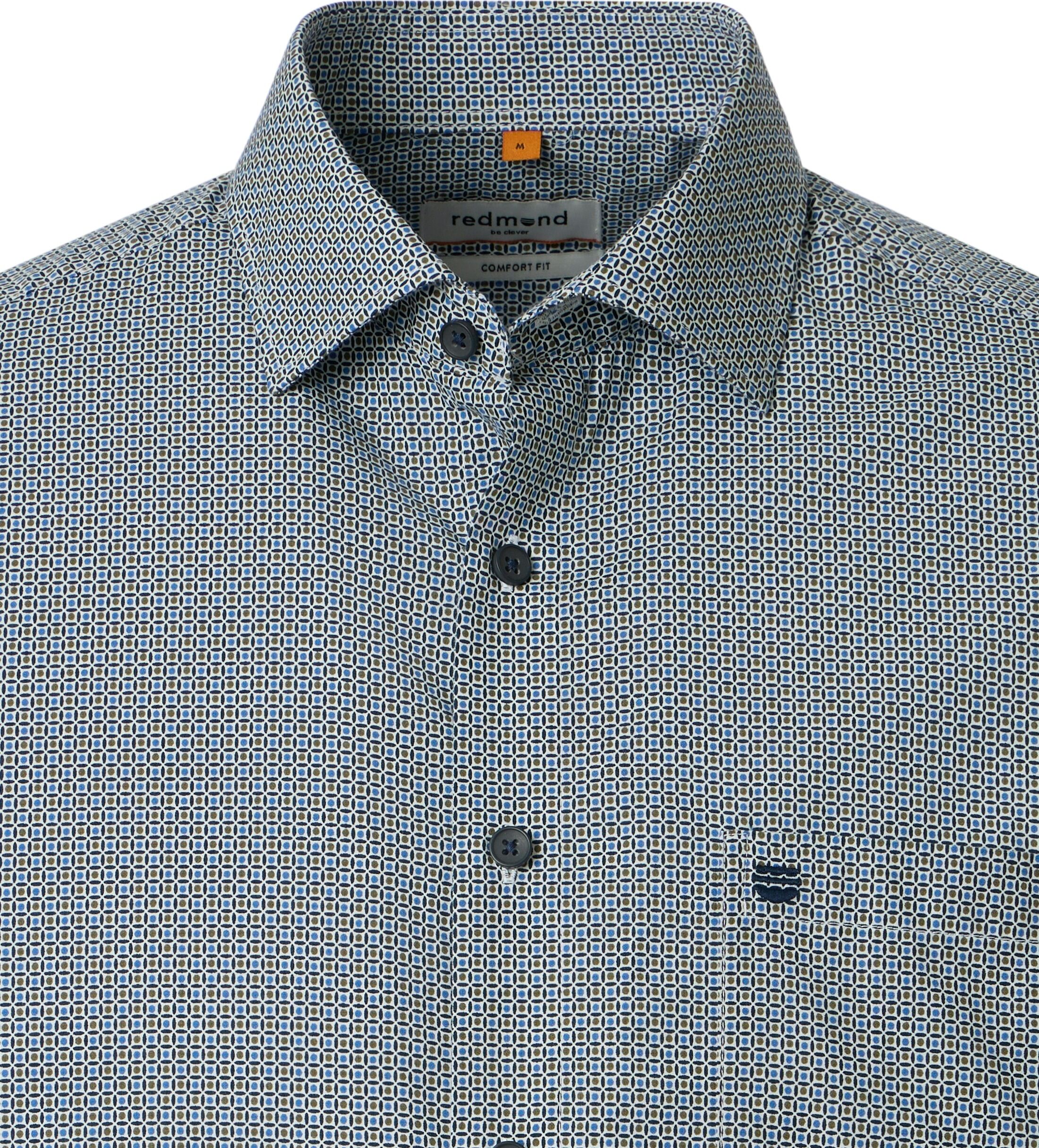 Redmond comfort fit overhemd, korte mouw, popeline, blauw, wit, bruin dessin