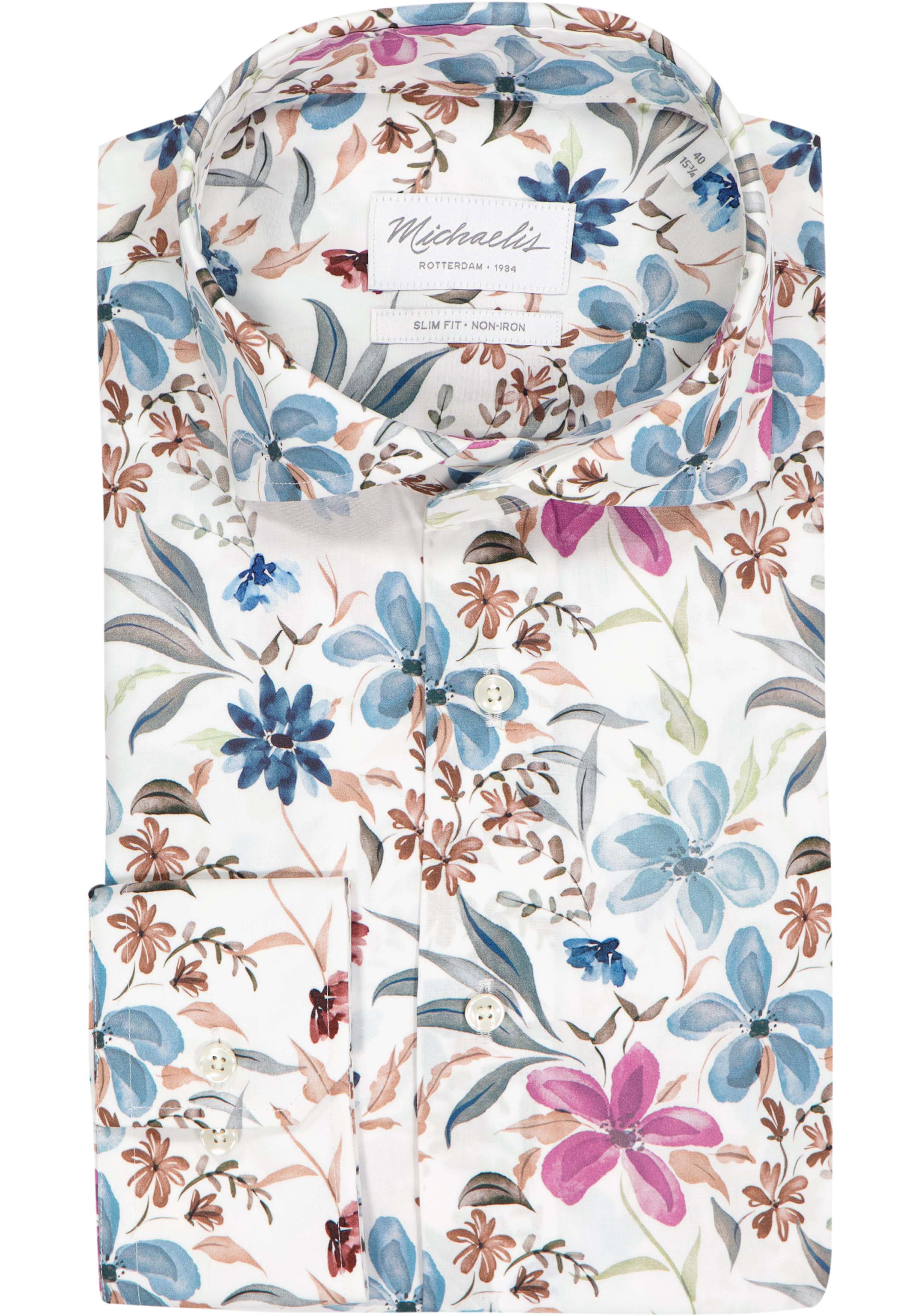 Michaelis slim fit heren overhemd, popeline, wit met blauw en groen bloemen dessin