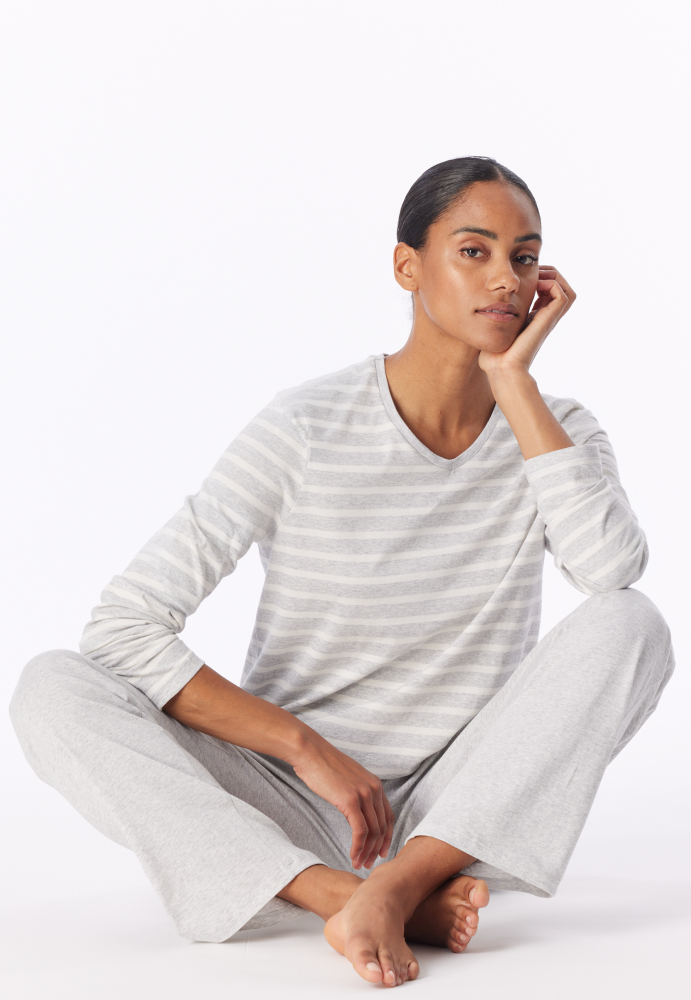 SCHIESSER dames Cotton Essentials Pyjama lang, dames pyjama set, zilvergrijs melange gestreept