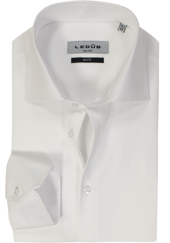 Ledub slim fit overhemd, mouwlengte 7, wit twill  Ledub slim fit overhemd, mouwlengte 7, wit twill