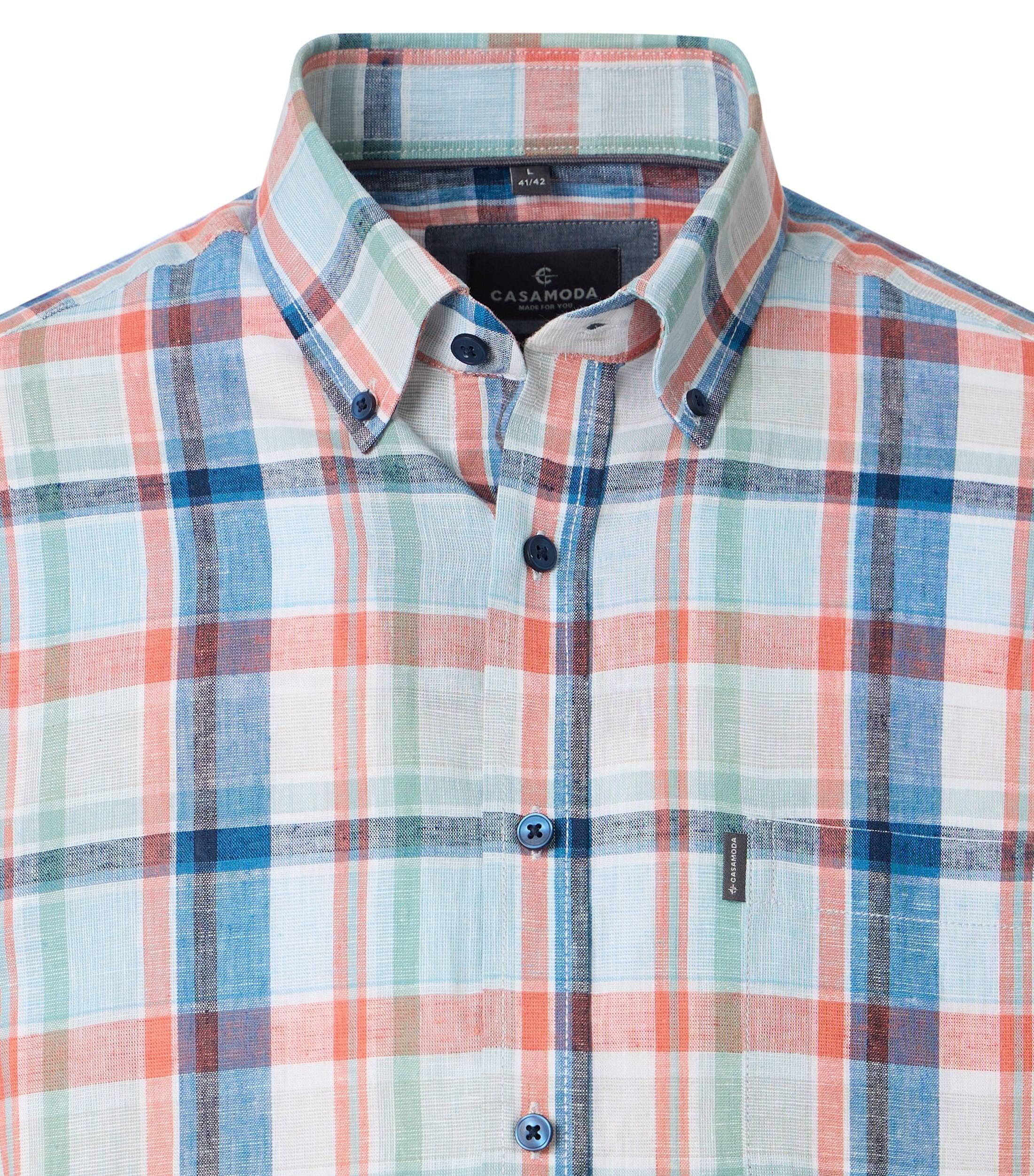 CASA MODA Sport casual fit overhemd, korte mouw, structuur, wit, lichtblauw, oranje, groen, blauw geruit