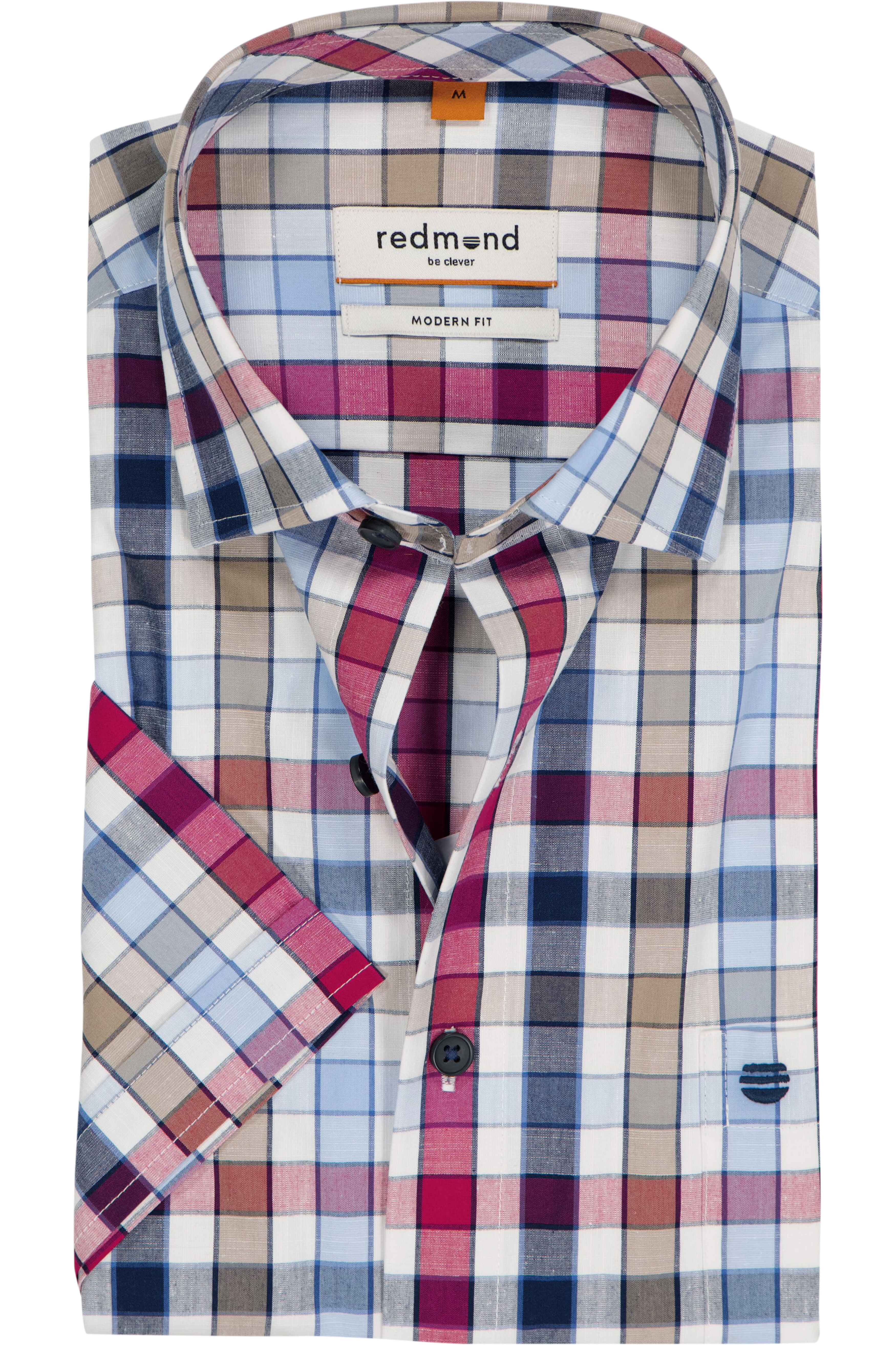 Redmond modern fit overhemd, korte mouw, chambray, blauw met rood, wit en kaki geruit