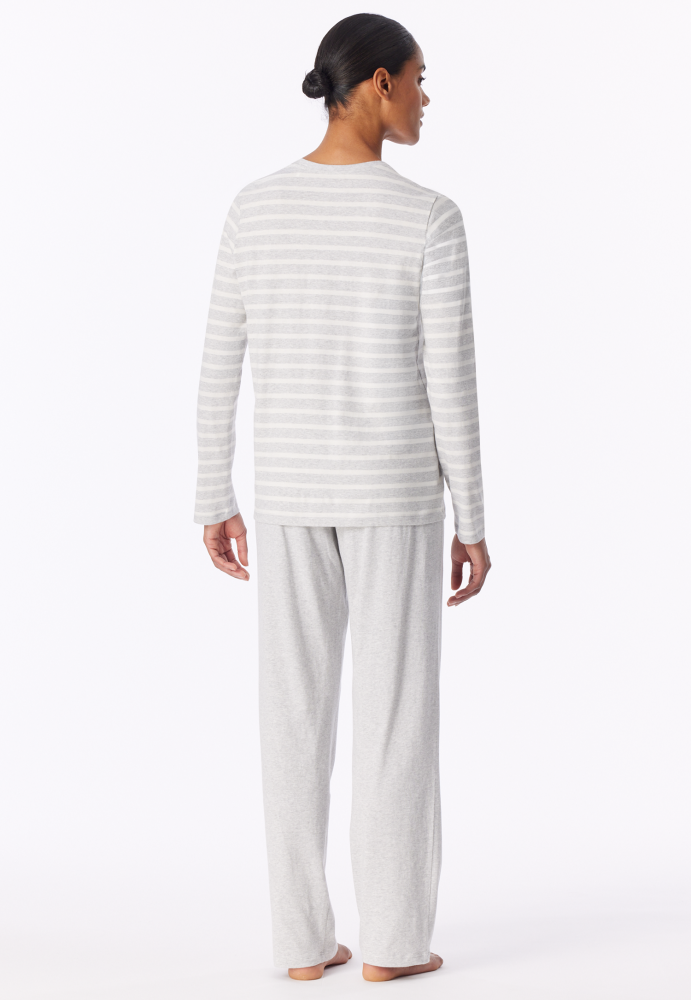SCHIESSER dames Cotton Essentials Pyjama lang, dames pyjama set, zilvergrijs melange gestreept