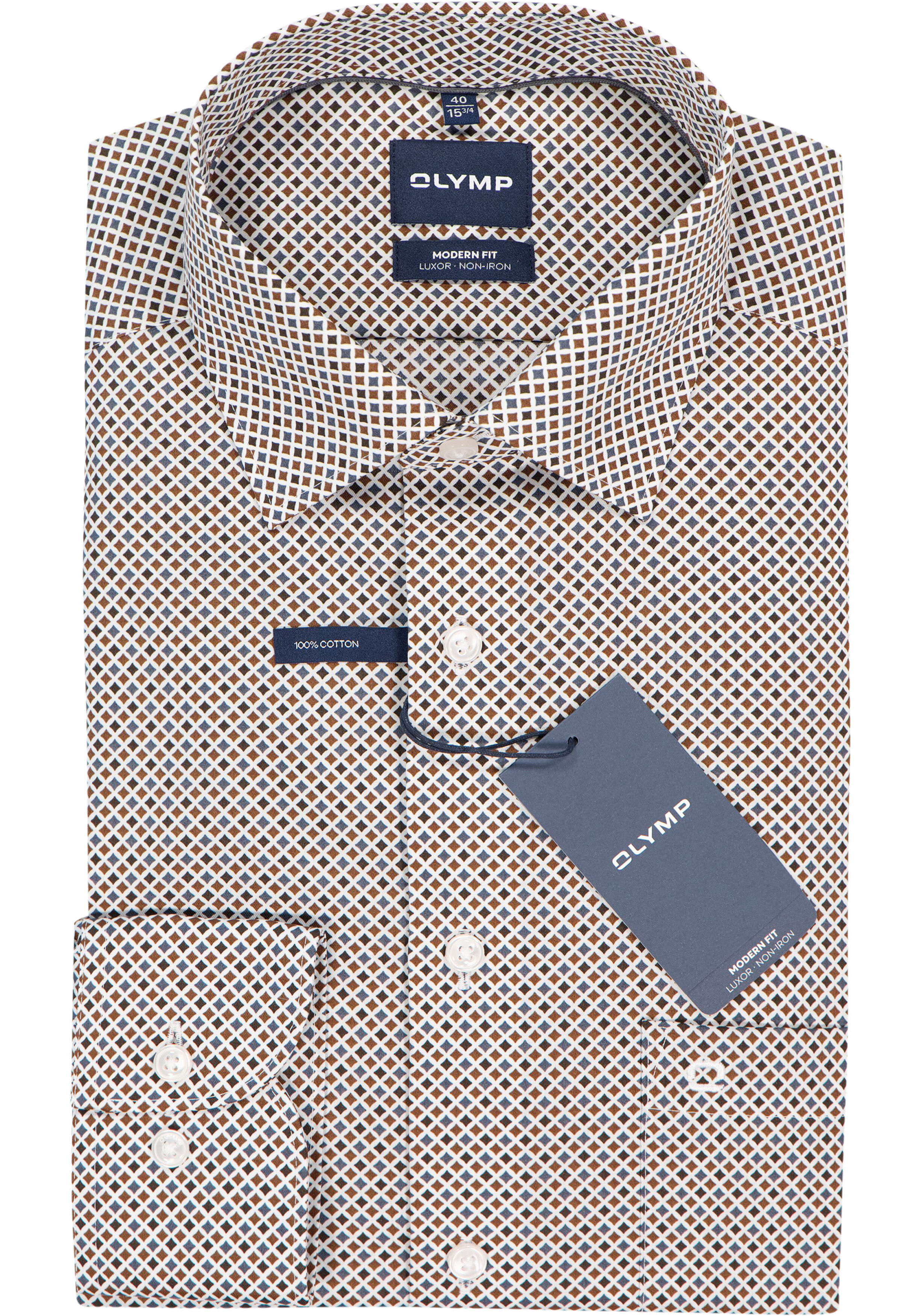 OLYMP Luxor modern fit overhemd, popeline, wit met blauw en bruin dessin