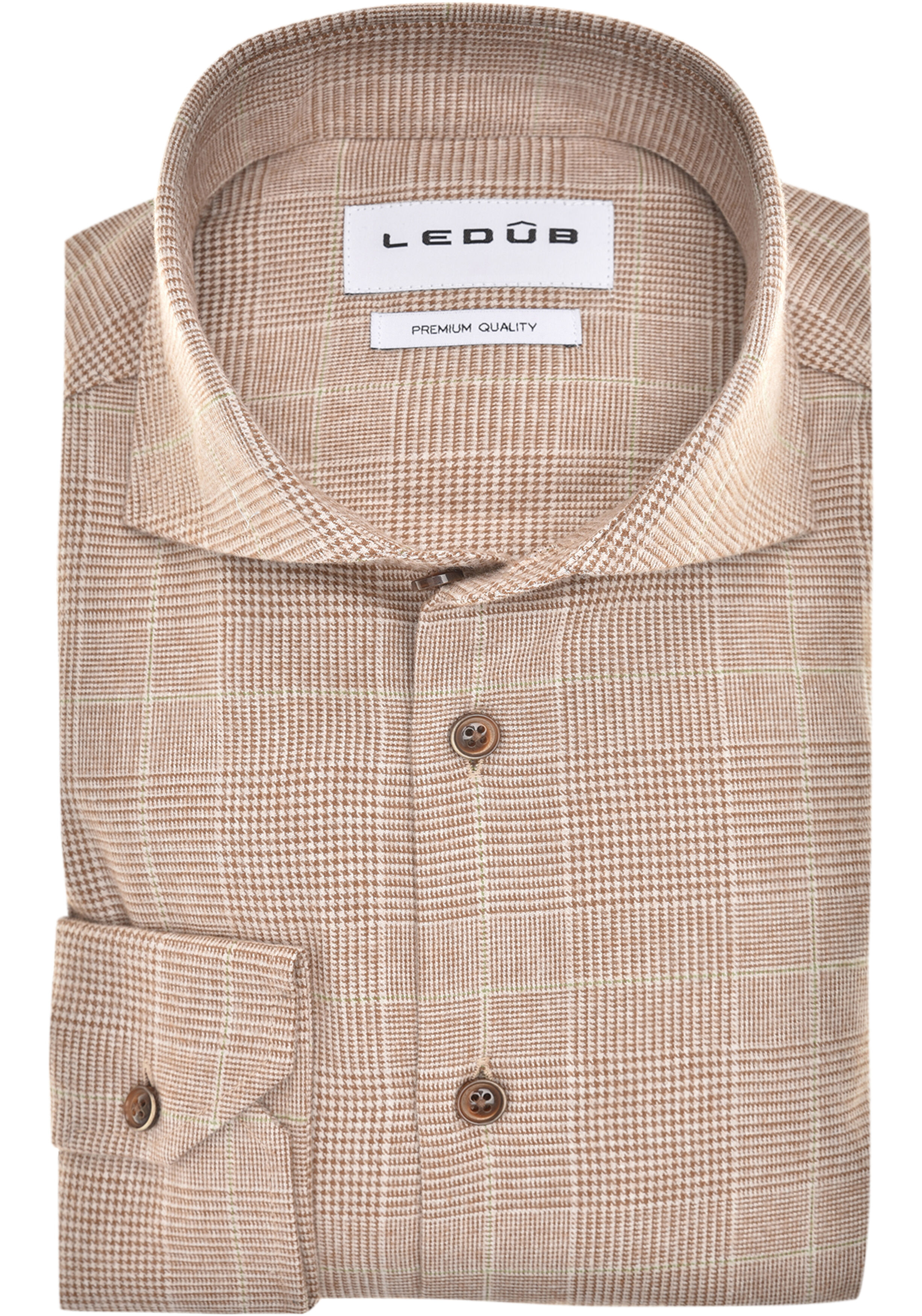 Ledub modern fit overhemd, flanel, middenbruin met wit geruit