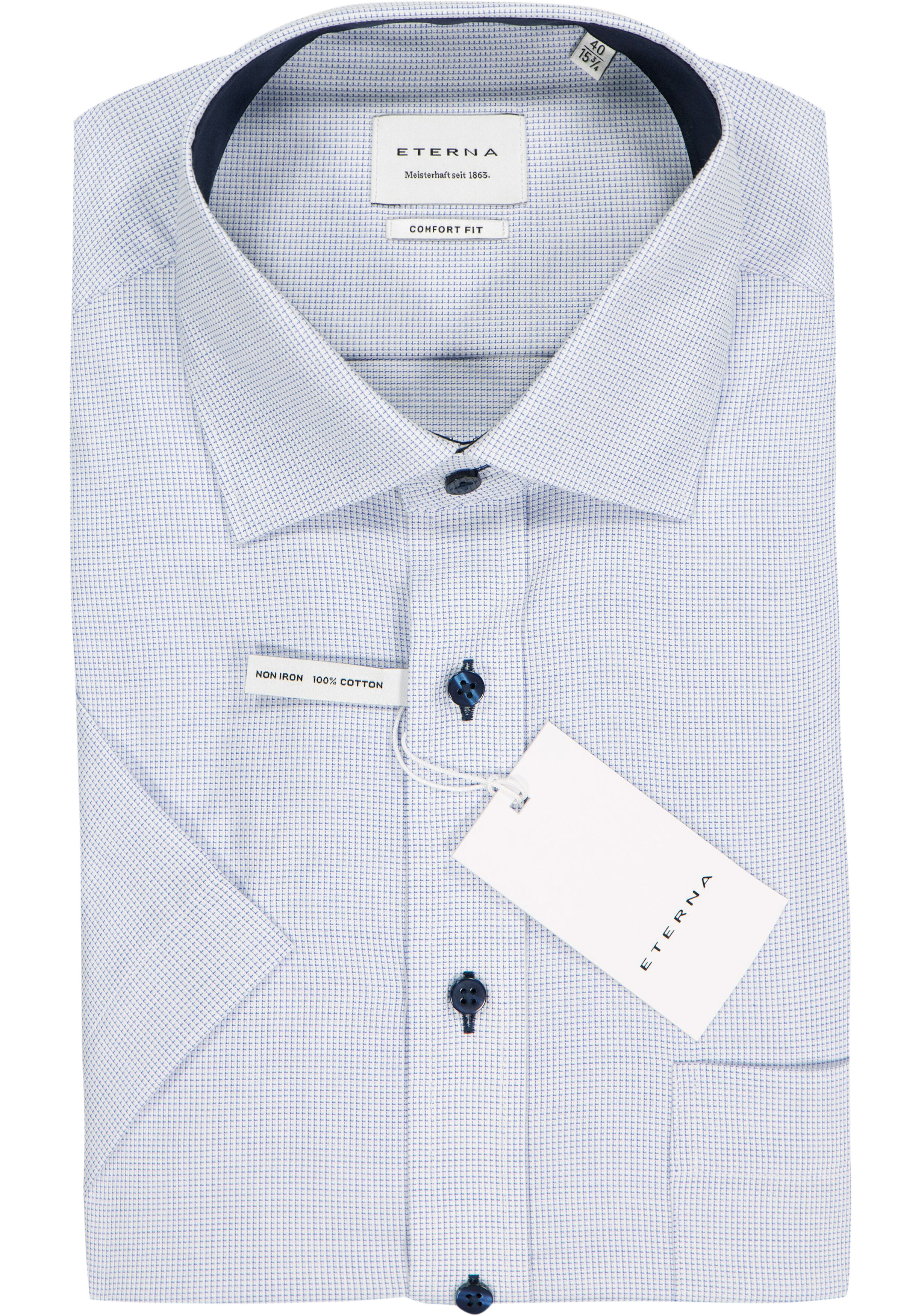 ETERNA comfort fit overhemd, korte mouw, structuur heren overhemd, lichtblauw met wit (donkerblauw contrast)