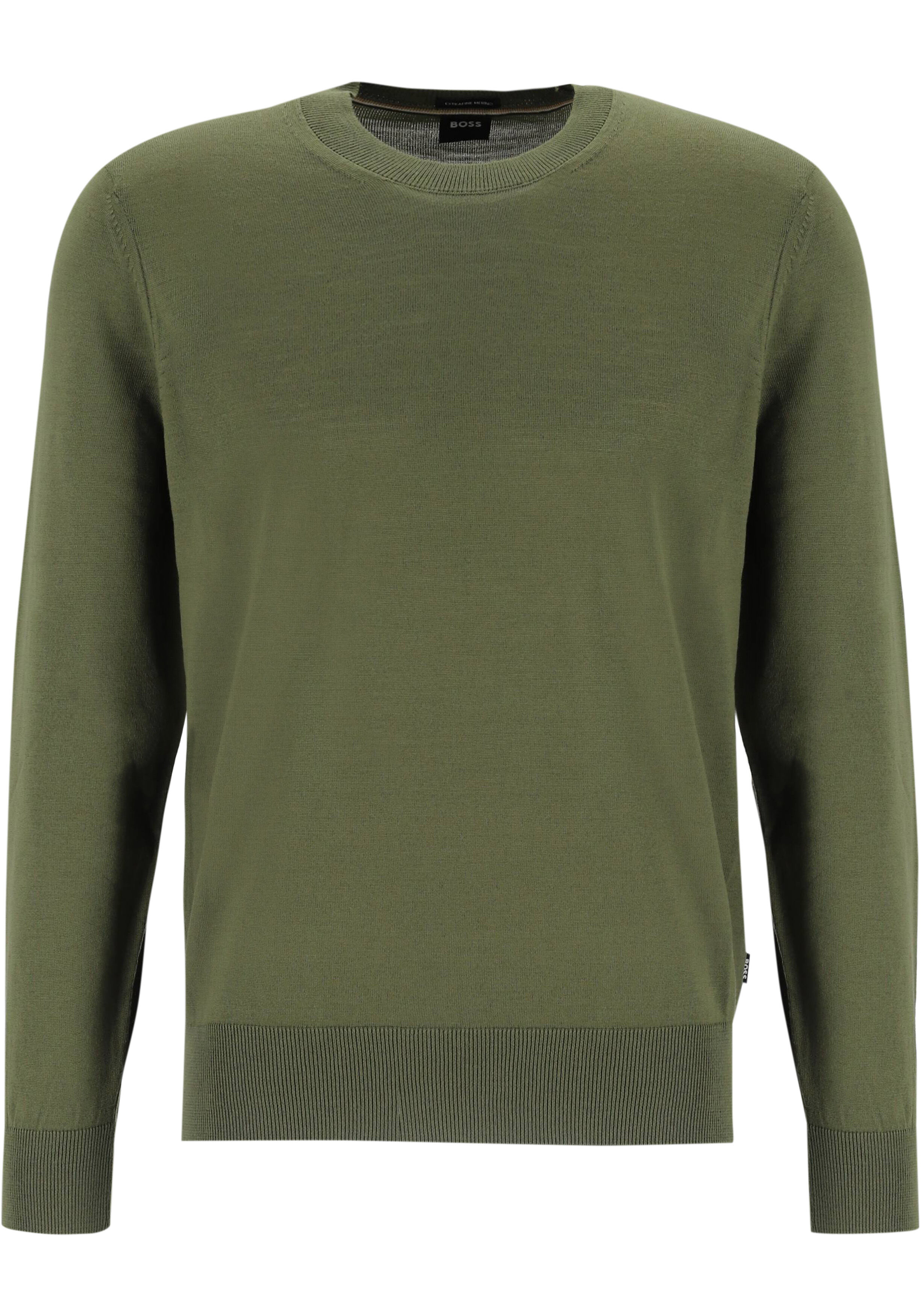 BOSS Leno slim fit trui wol, heren pullover middeldik O-hals, groen