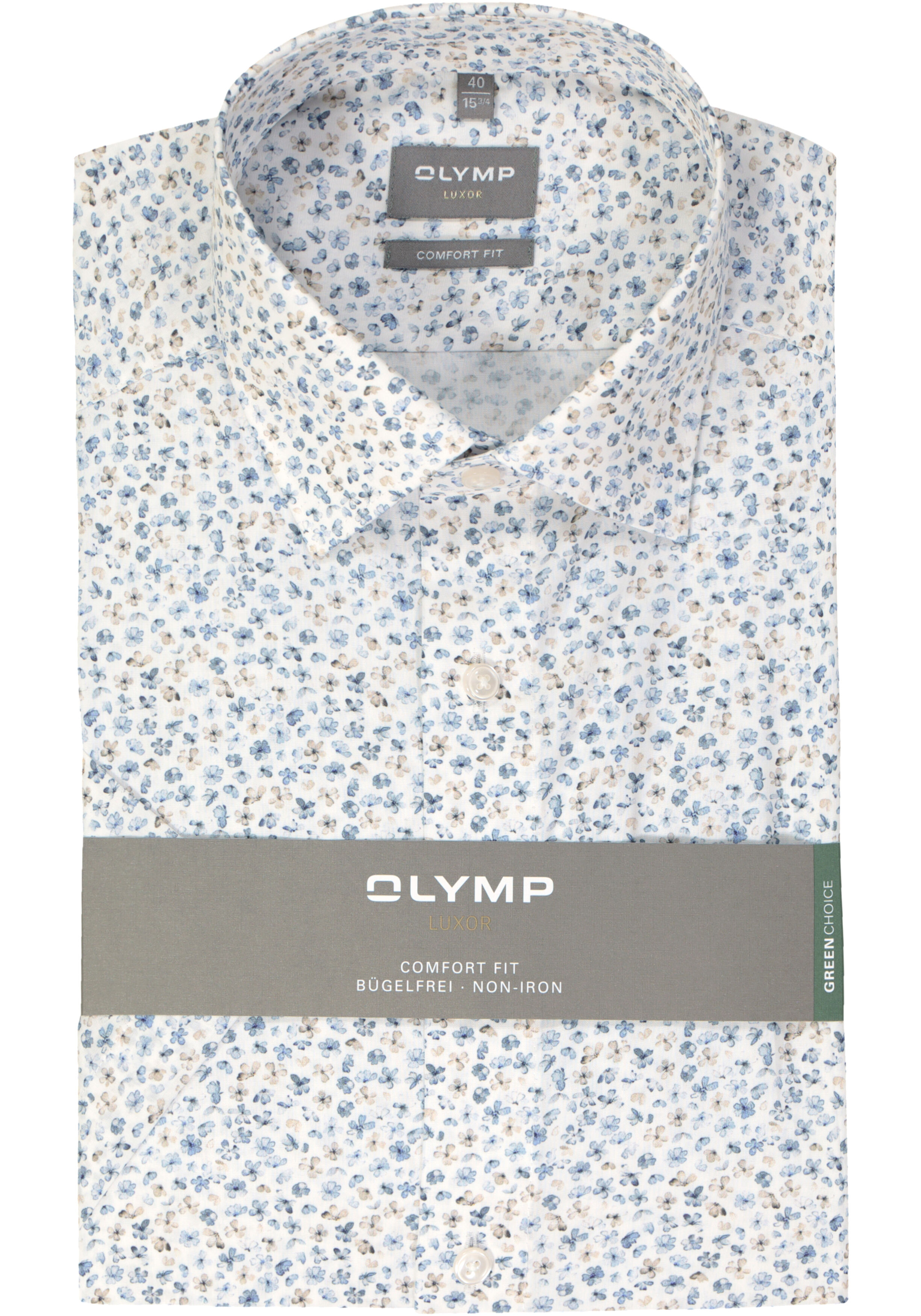 OLYMP comfort fit overhemd, korte mouw, popeline, wit bloemetjes dessin