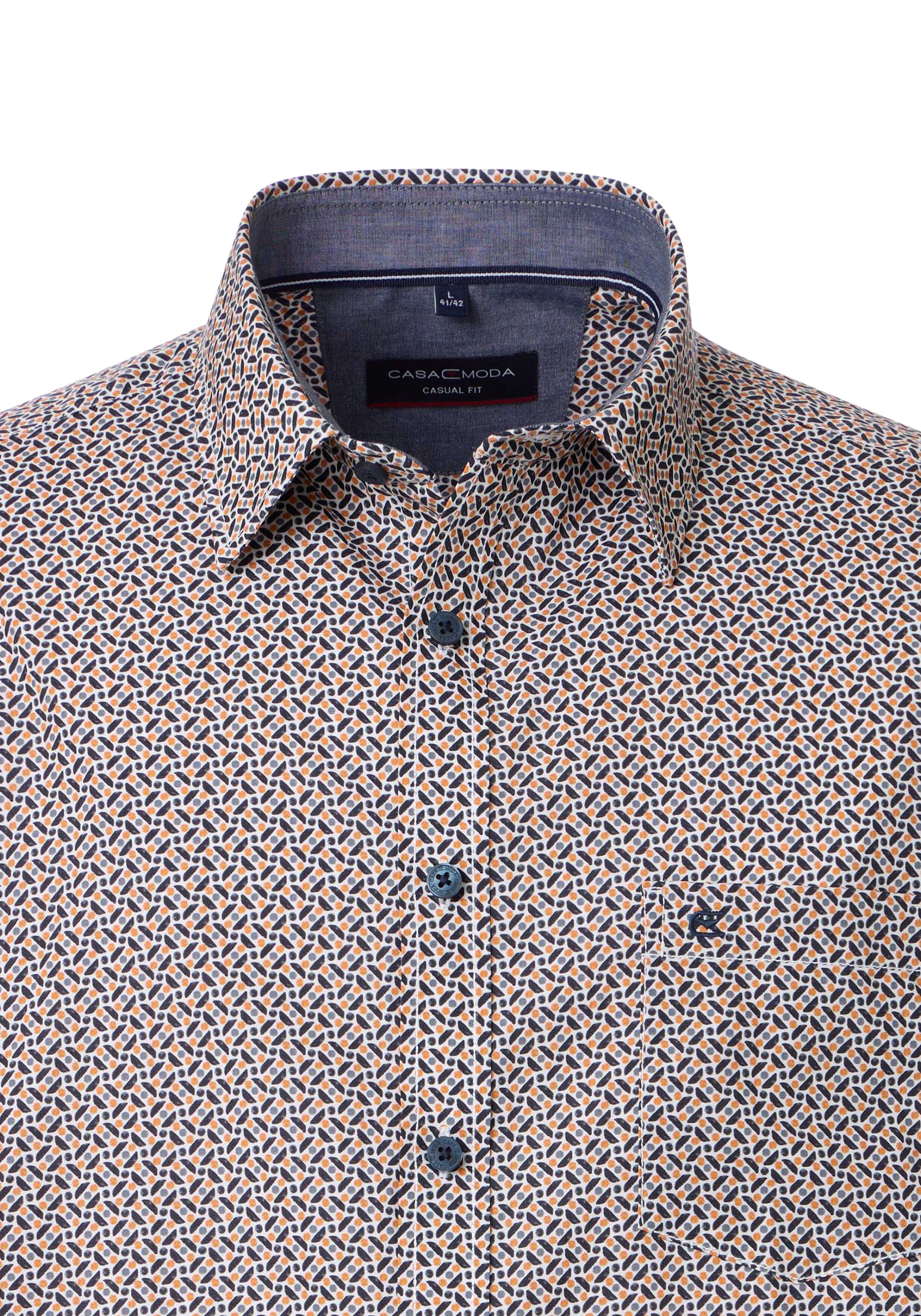 CASA MODA Sport casual fit overhemd, korte mouw, popeline, donkerblauw met oranje en wit dessin
