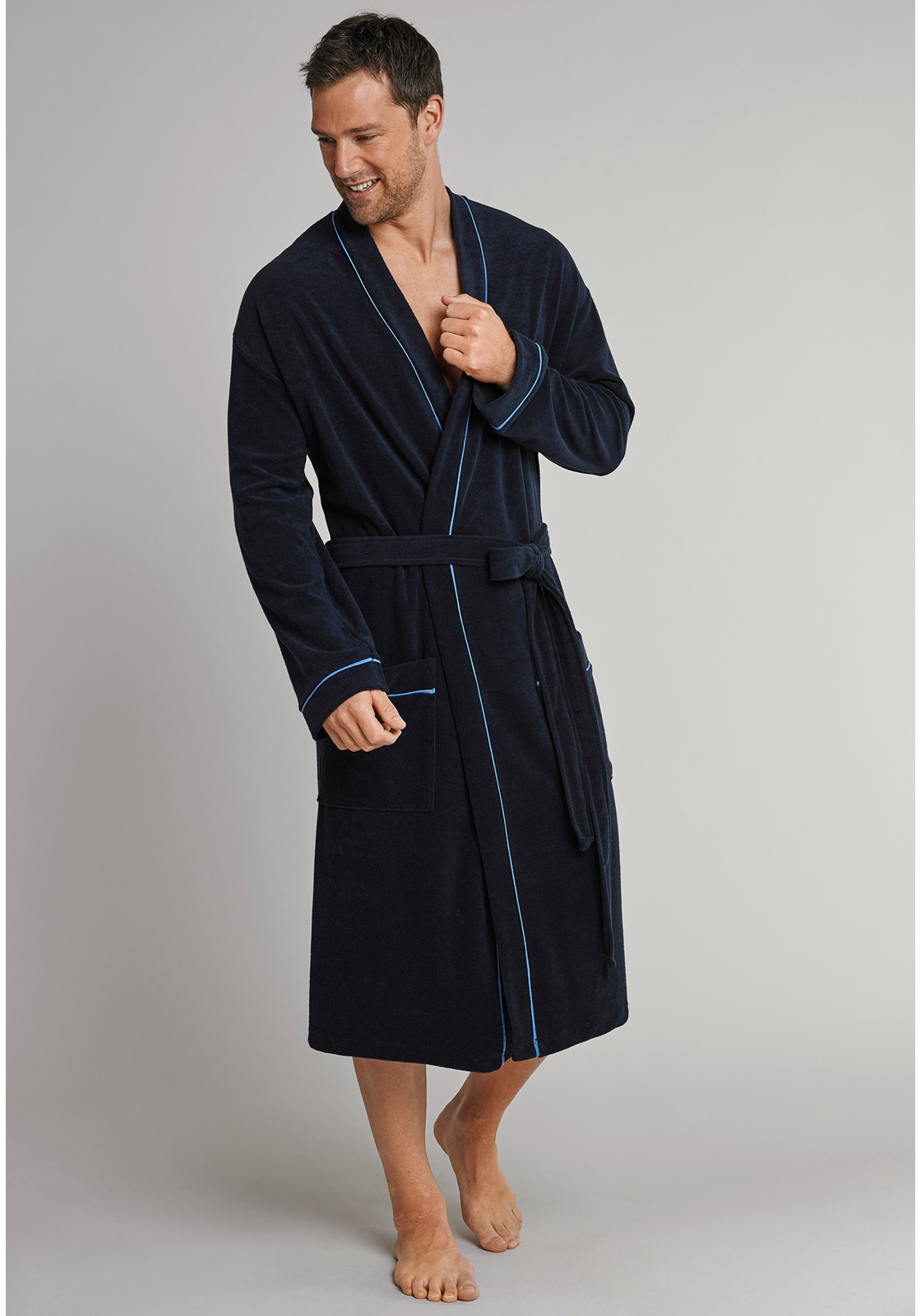 ochtendjas-heren-112562-815 SCHIESSER heren badjas, badstof, blauw met contrastbies