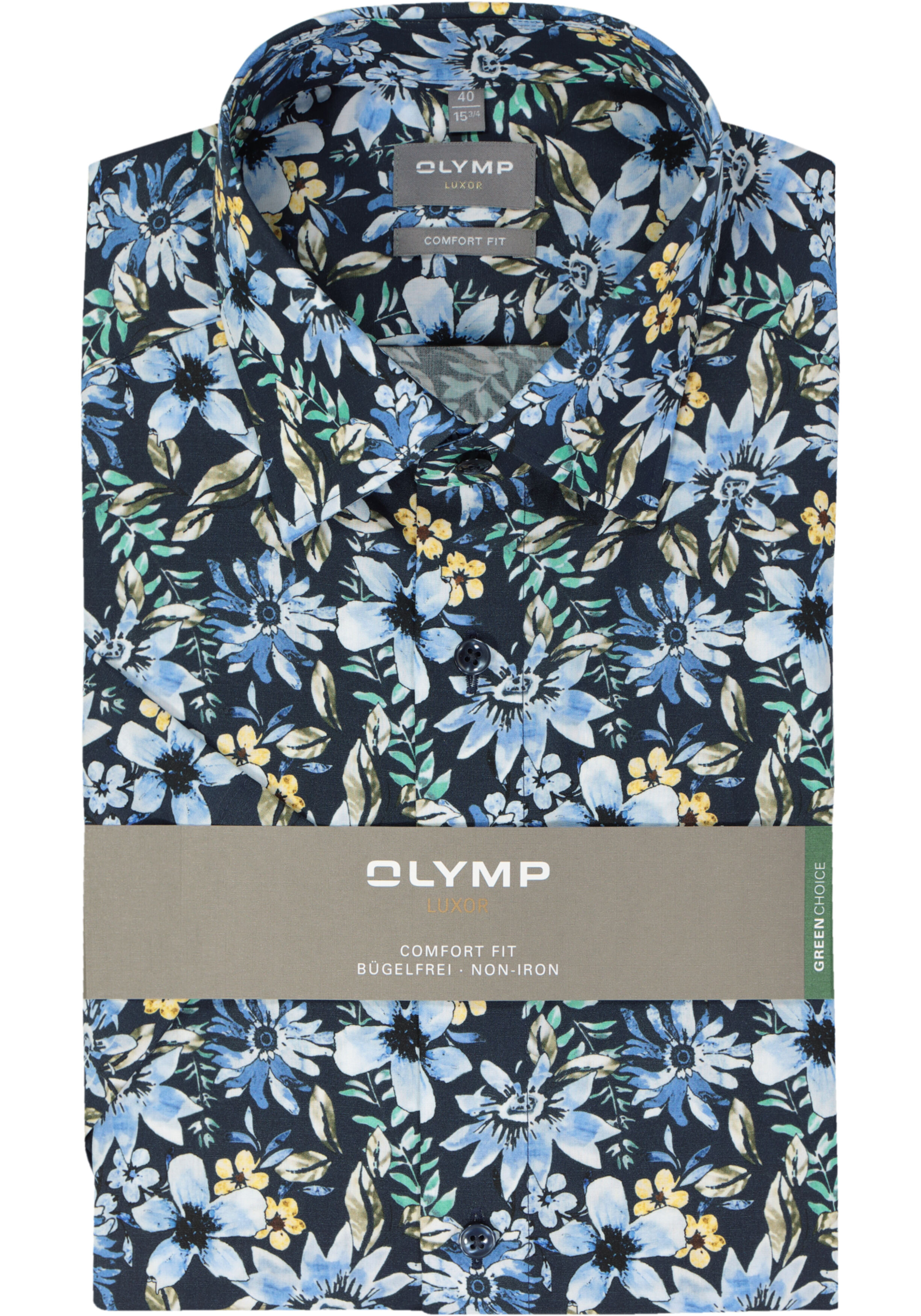 OLYMP comfort fit overhemd, korte mouw, popeline, donkerblauw met groen, geel en lichtblauw bloemen dessin
