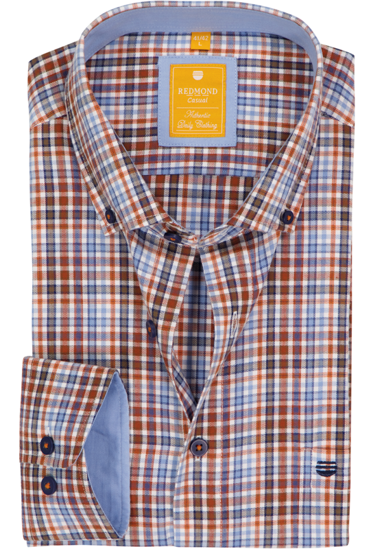 Redmond modern fit overhemd, twill, bruin, blauw, oranje en wit geruit Redmond modern fit overhemd, twill, bruin, blauw, oranje en wit geruit