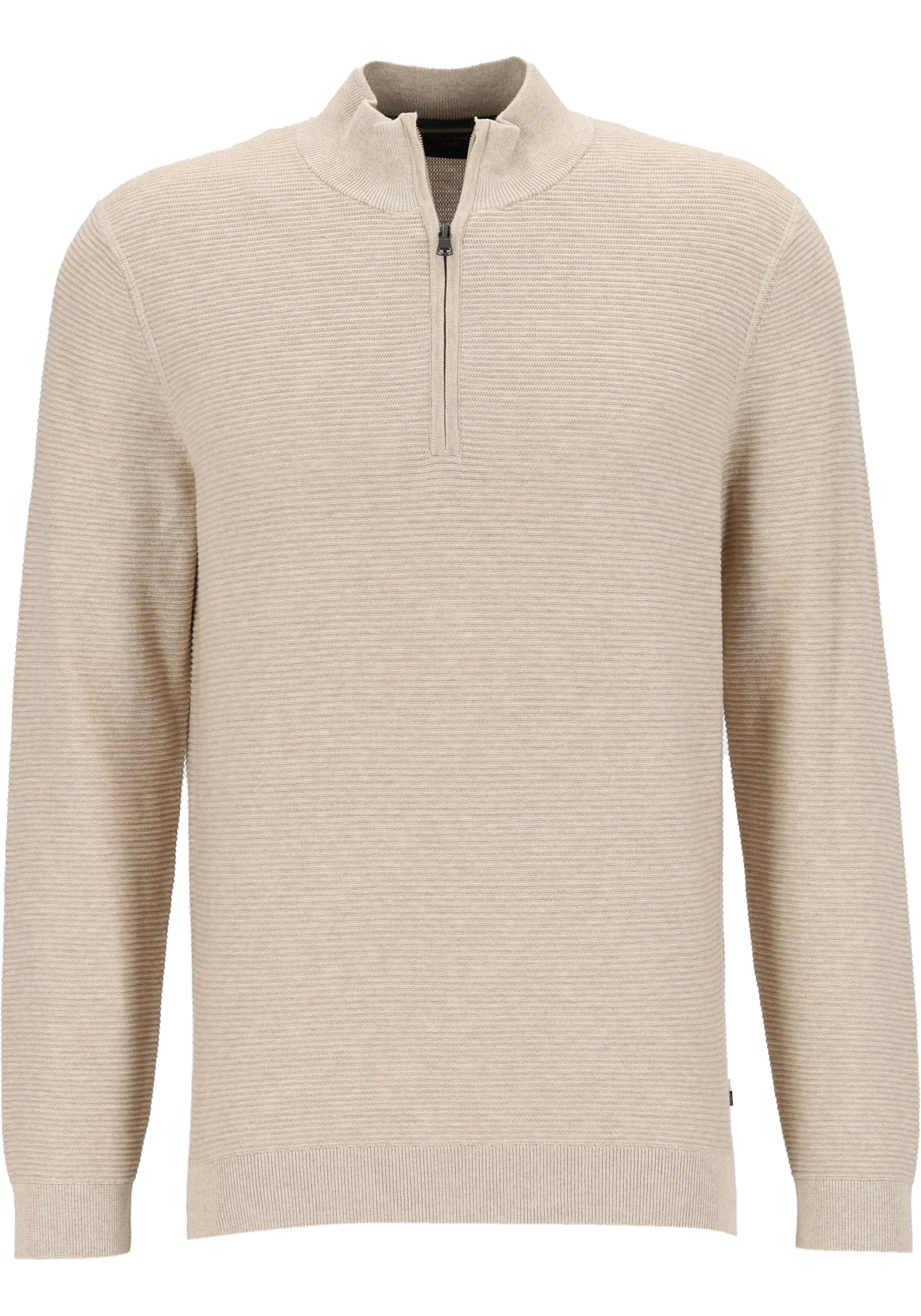 OLYMP modern fit schipperstrui katoen, structuur, korte rits, beige