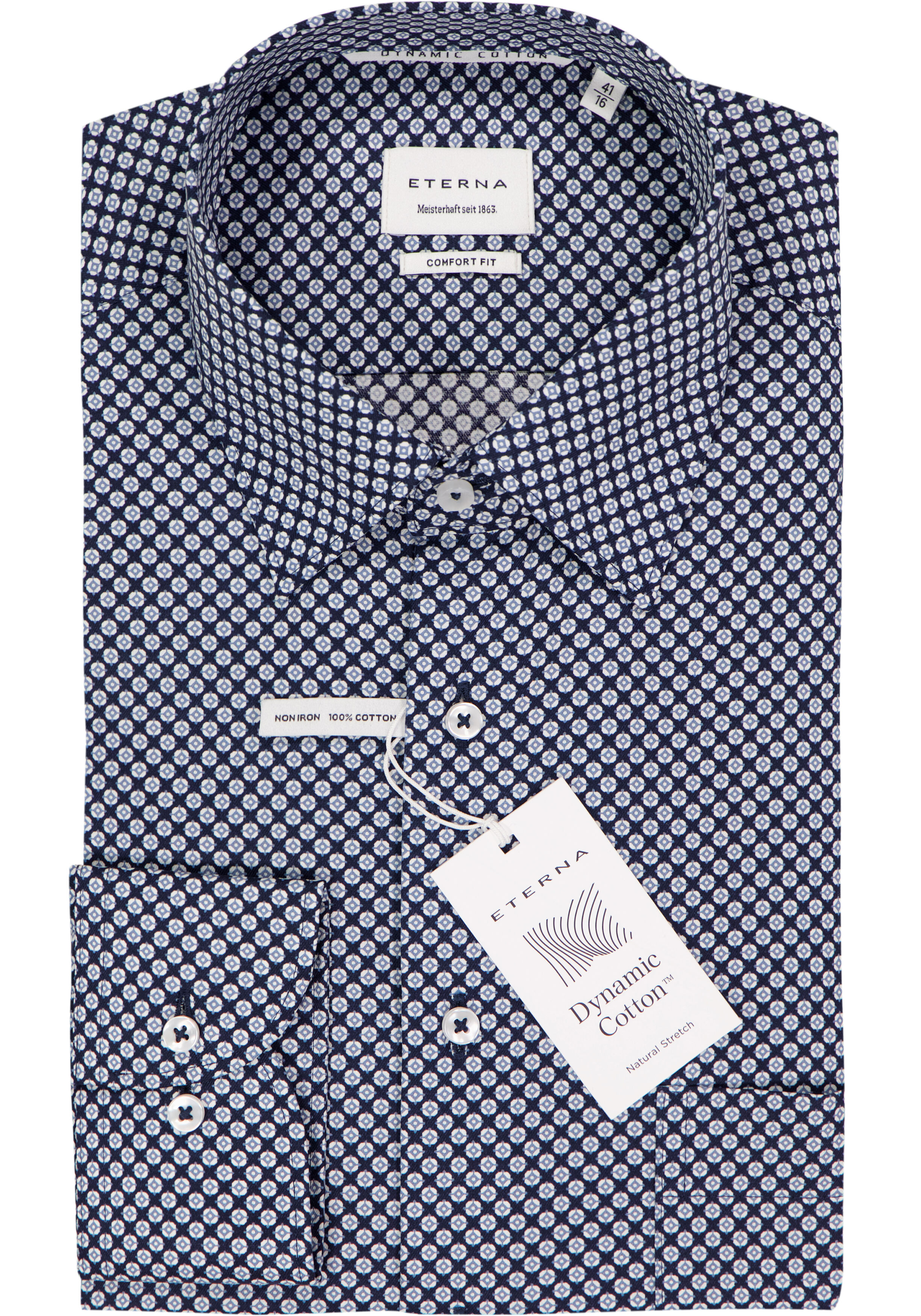 ETERNA comfort fit overhemd, twill, donkerblauw met wit en lichtblauw dessin
