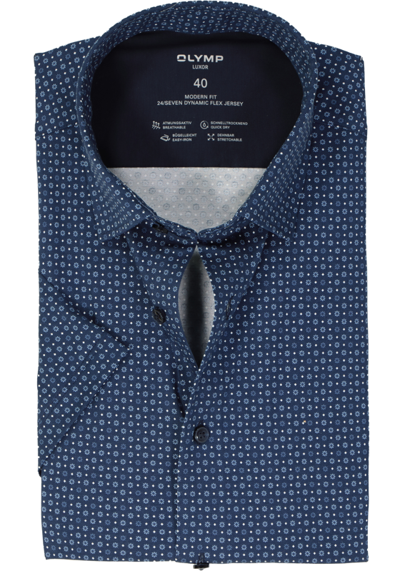 OLYMP 24/7 modern fit overhemd, korte mouw, tricot, marine blauw dessin OLYMP 24/7 modern fit overhemd, korte mouw, tricot, marine blauw dessin