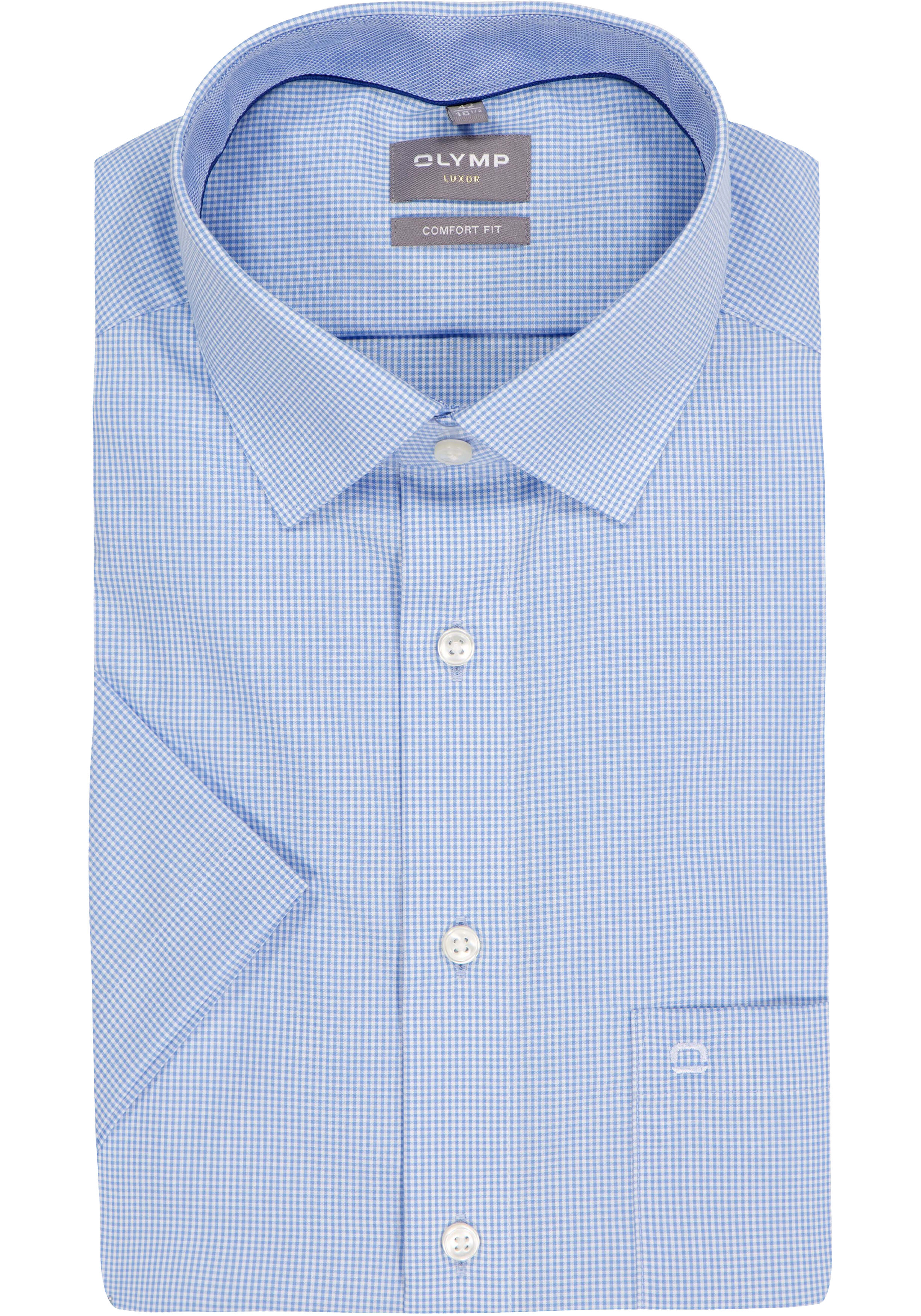 OLYMP Luxor comfort fit overhemd, korte mouw, lichtblauw met wit geruit (contrast)