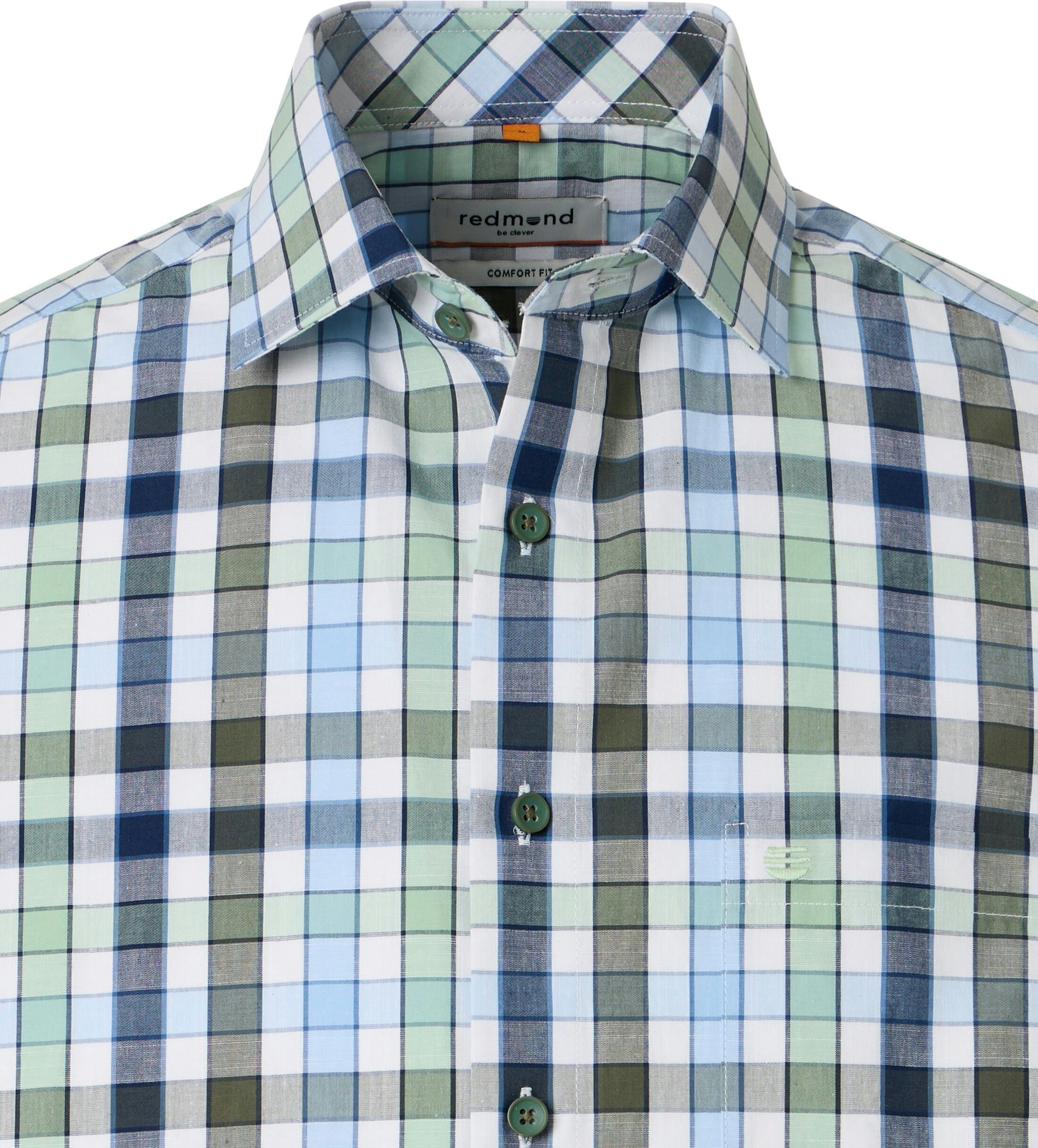 Redmond modern fit overhemd, korte mouw, chambray, wit, groen, blauw geruit