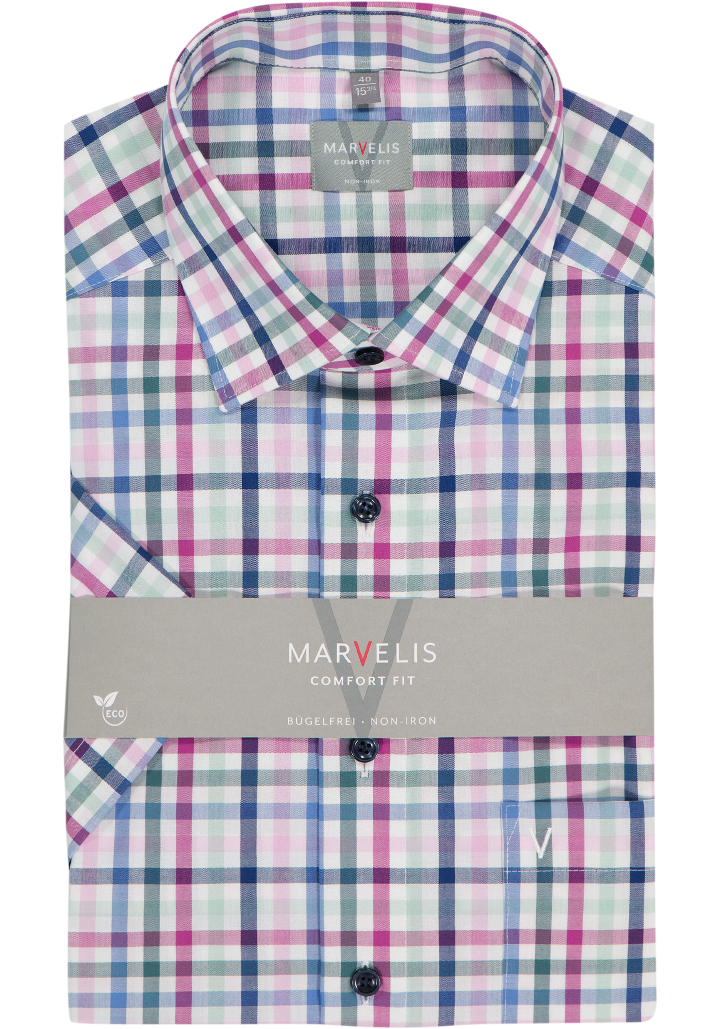 MARVELIS comfort fit overhemd, korte mouw, popeline, wit met blauw, groen en roze geruit