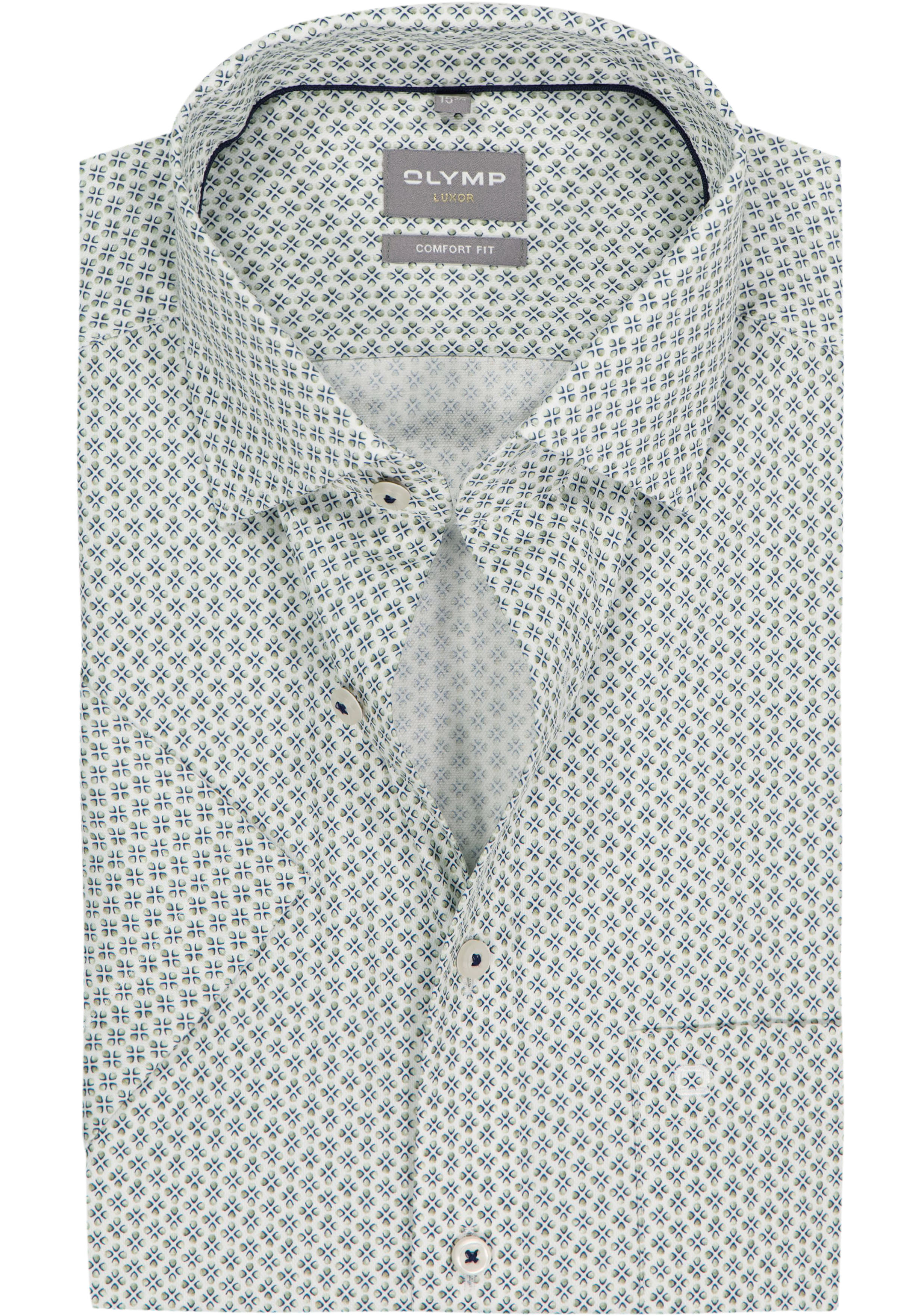 OLYMP Luxor comfort fit overhemd, korte mouw, dobby, wit met groen en blauw dessin