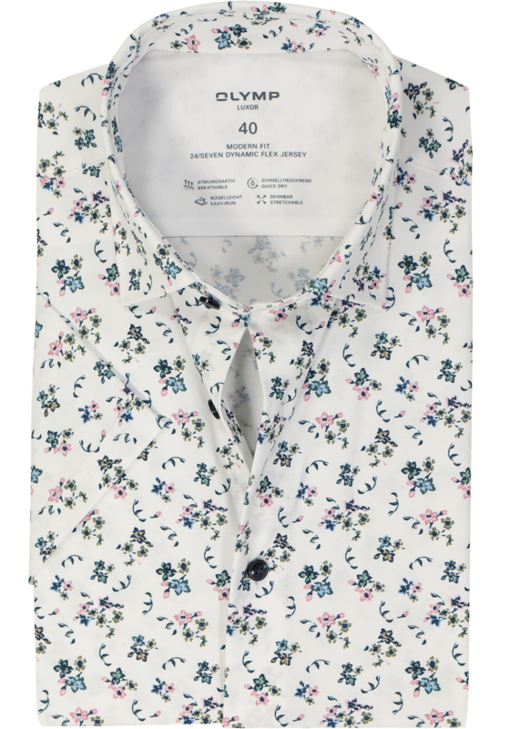 OLYMP 24/7 modern fit overhemd, korte mouw, tricot, wit dessin OLYMP 24/7 modern fit overhemd, korte mouw, tricot, wit dessin