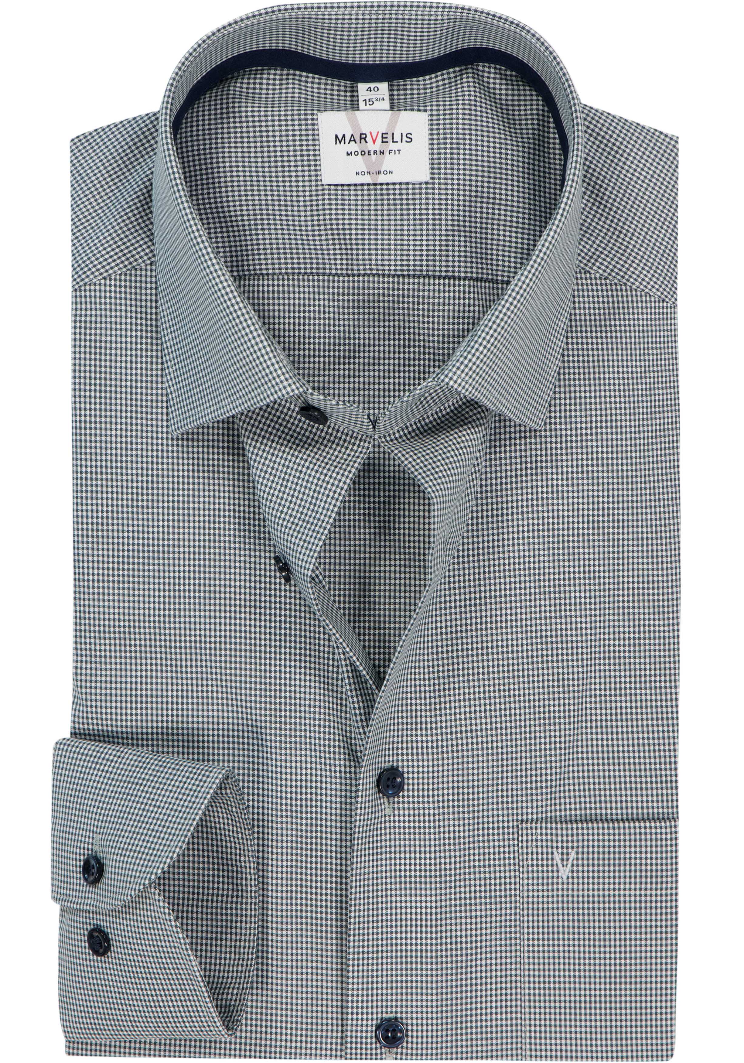 MARVELIS modern fit overhemd, popeline, olijfgroen met wit geruit