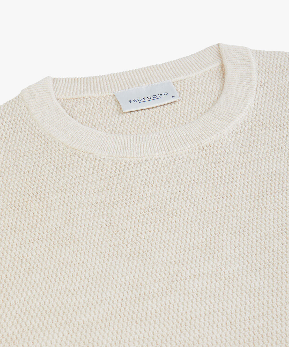 Profuomo heren trui katoen, slim fit trui met O-hals, off white