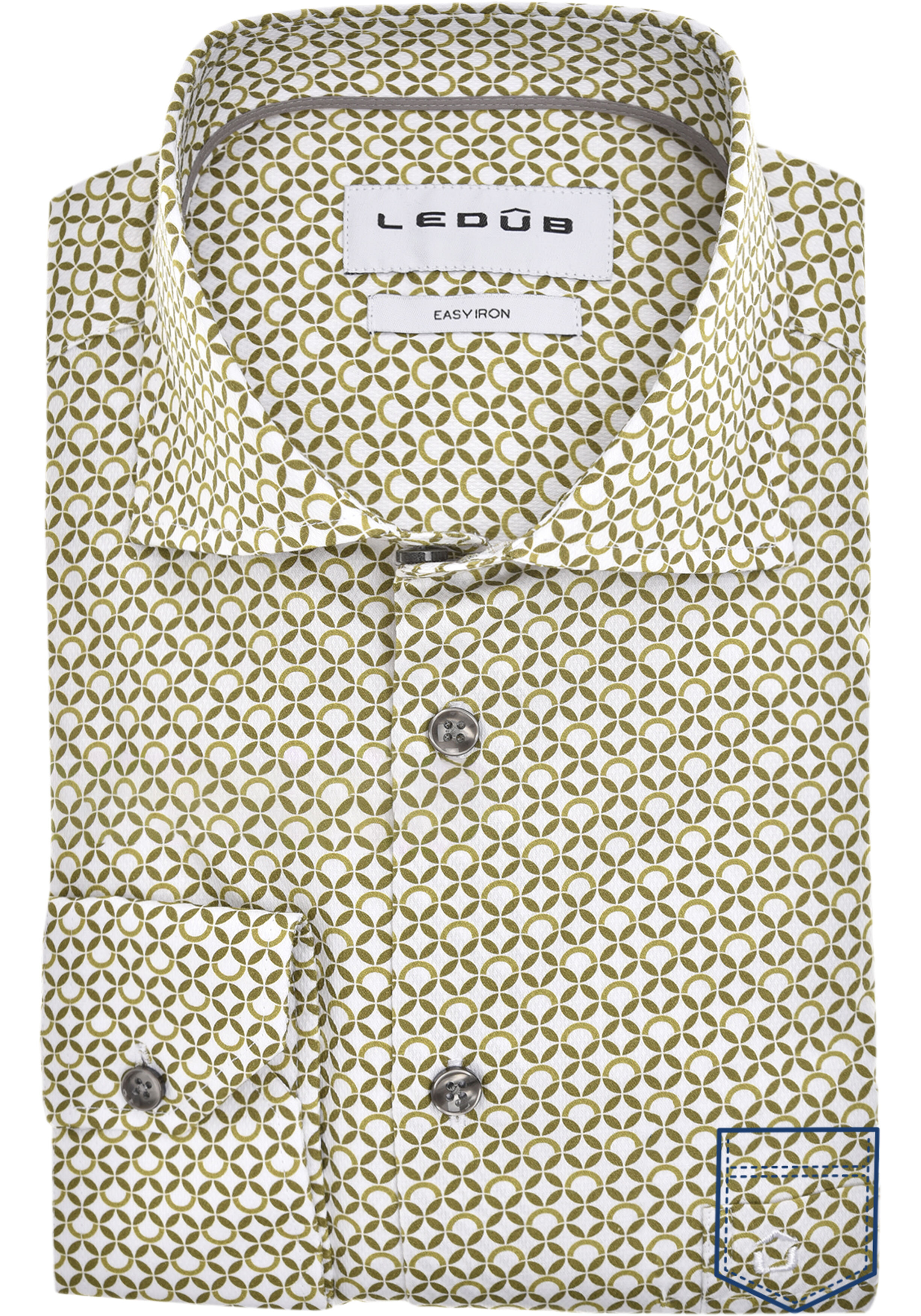 Ledub modern fit overhemd, mouwlengte 72 cm, popeline, groen met wit dessin