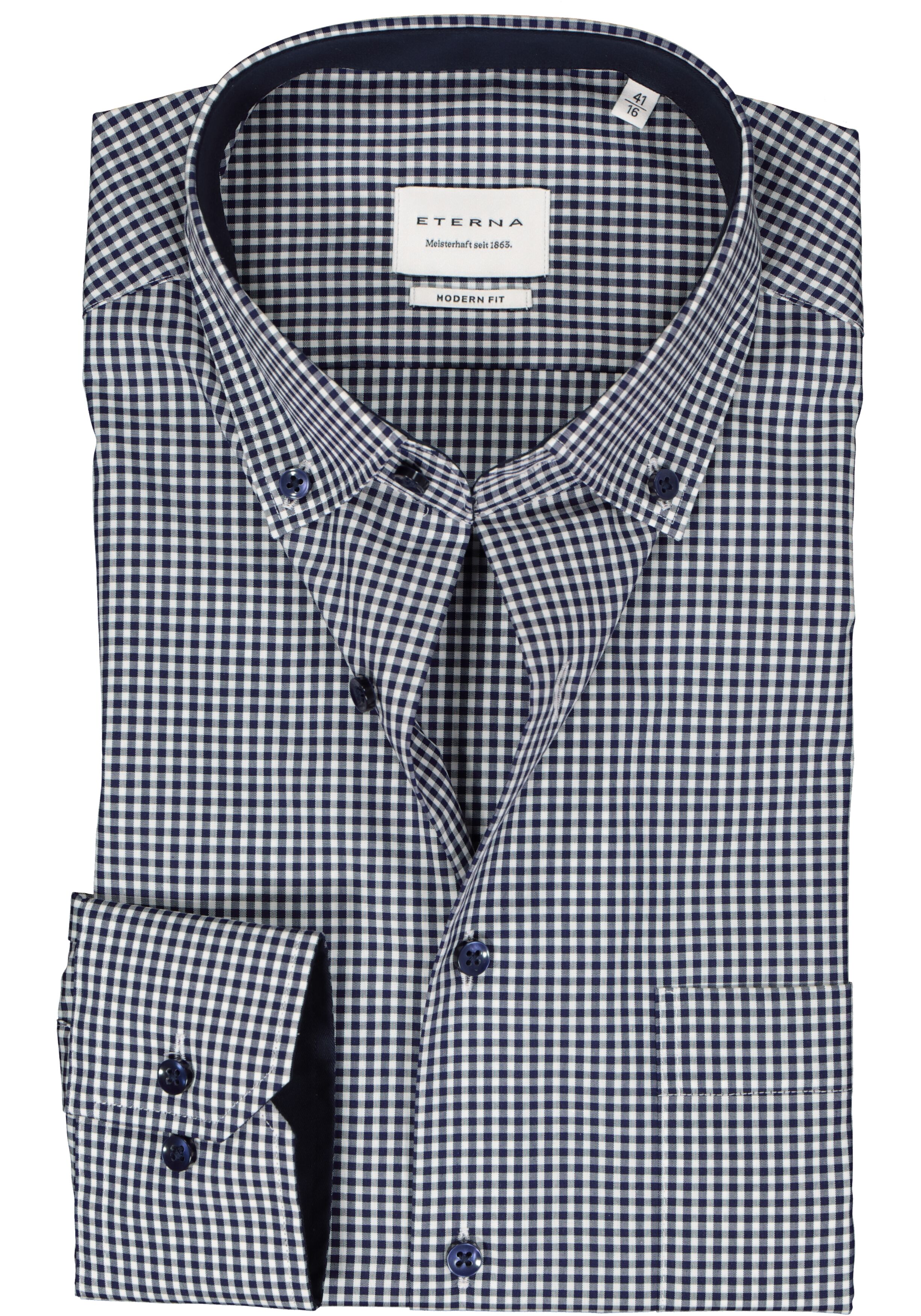 ETERNA modern fit overhemd, popeline, middenblauw met wit geruit (contrast)