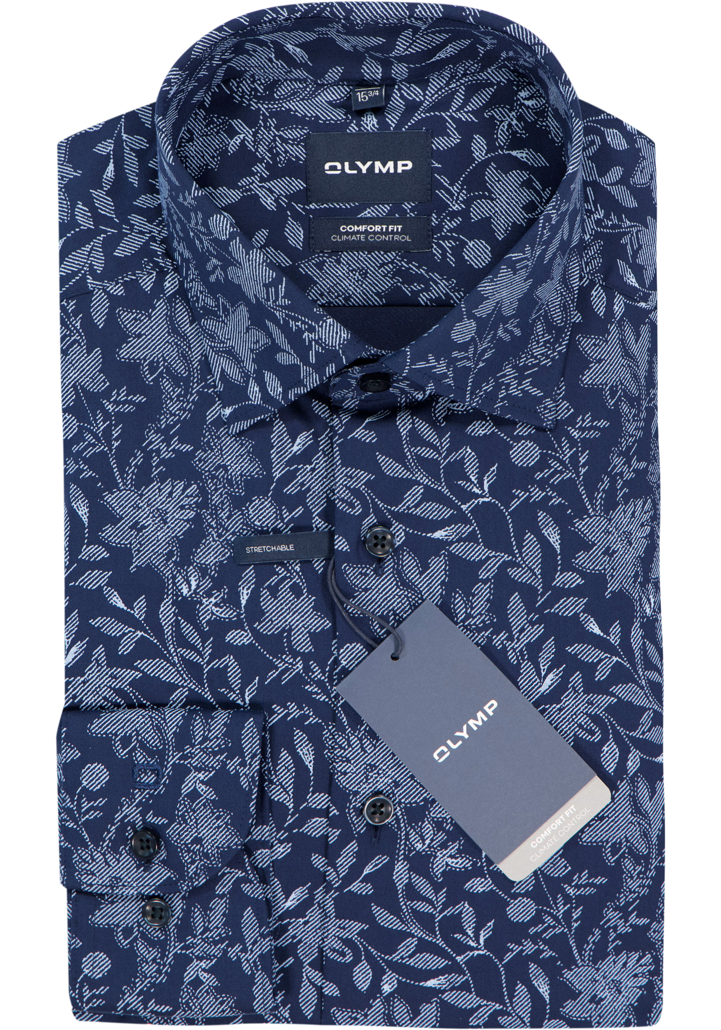 OLYMP 24/7 Luxor comfort fit overhemd, popeline, donker- met lichtblauw dessin