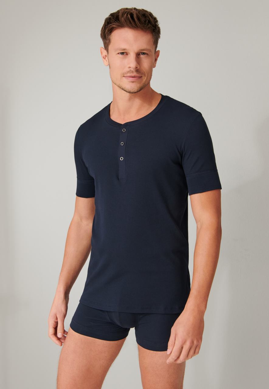 SCHIESSER Retro Rib T-shirt (1-pack), heren shirt korte mouwen dubbelrib biologisch katoen knoopsluiting donkerblauw