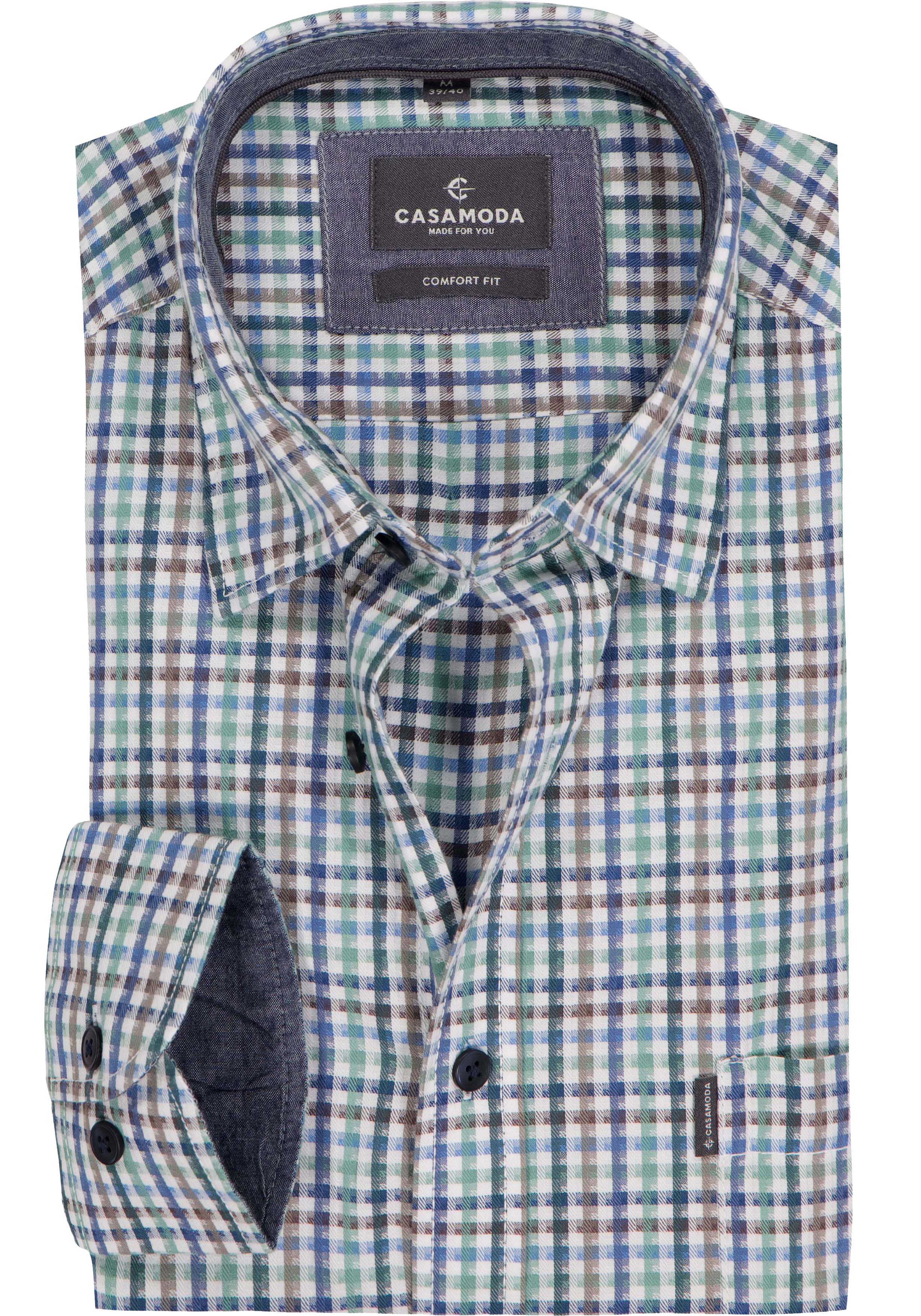 CASAMODA Sport comfort fit overhemd, popeline, wit met blauw en groen geruit