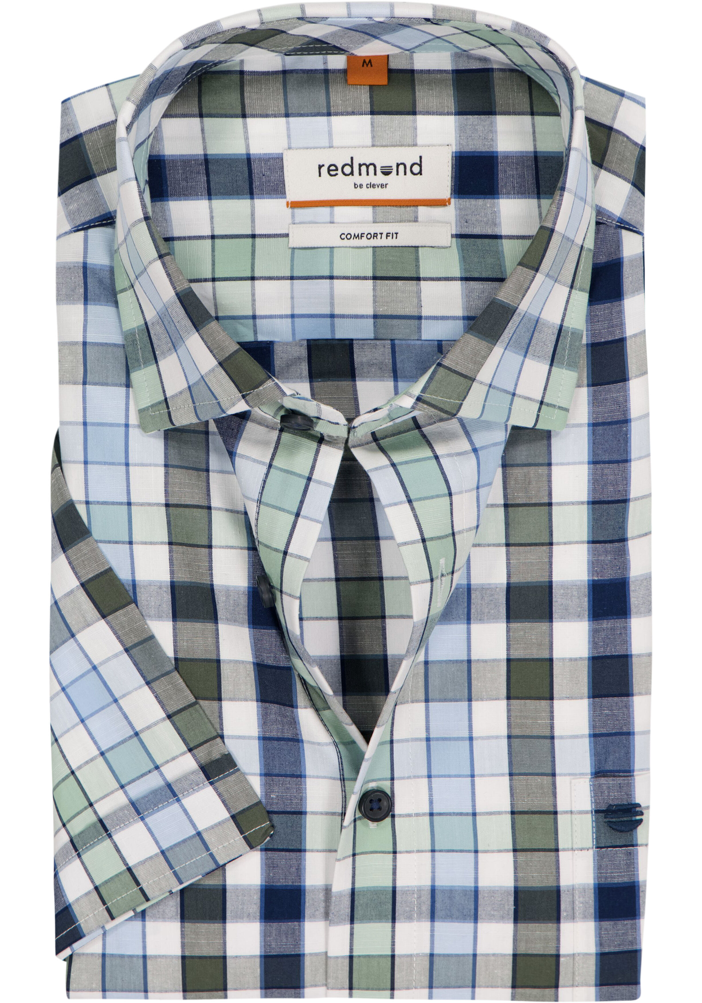 Redmond comfort fit overhemd, korte mouw, chambray, blauw met wit en groen geruit